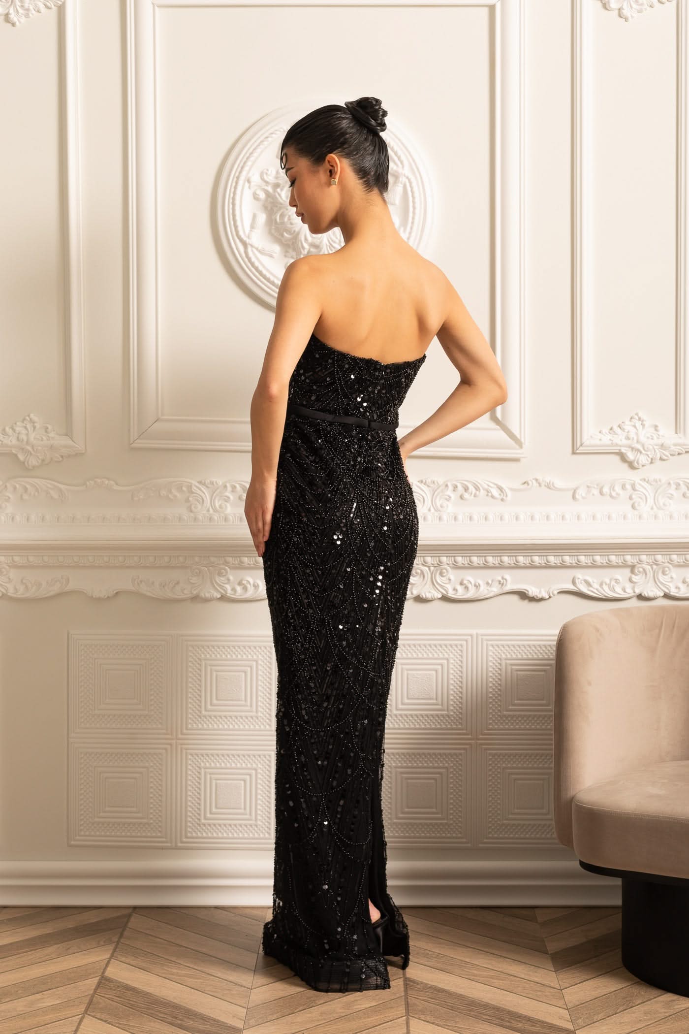 Glamourous Beaded Gown With Detachable Veil - Black