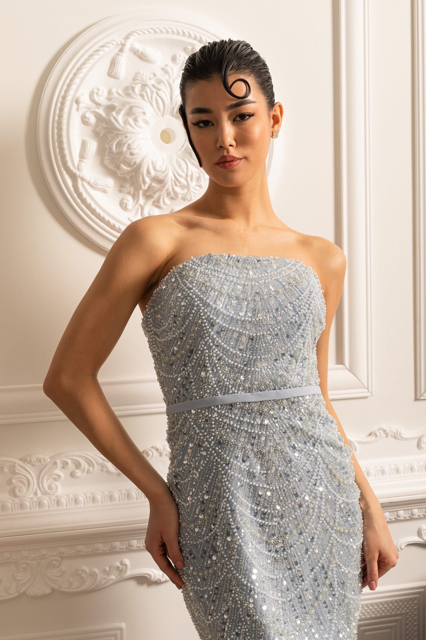 Glamourous Beaded Gown With Detachable Veil - Blue