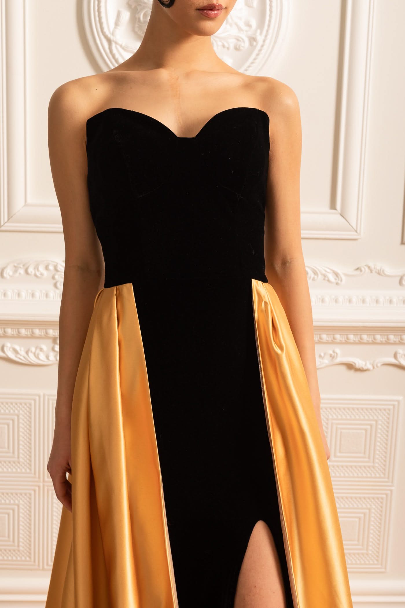 Velvet Gown With Fitted Bodice And Flowing Gold Satin Skirt - Black