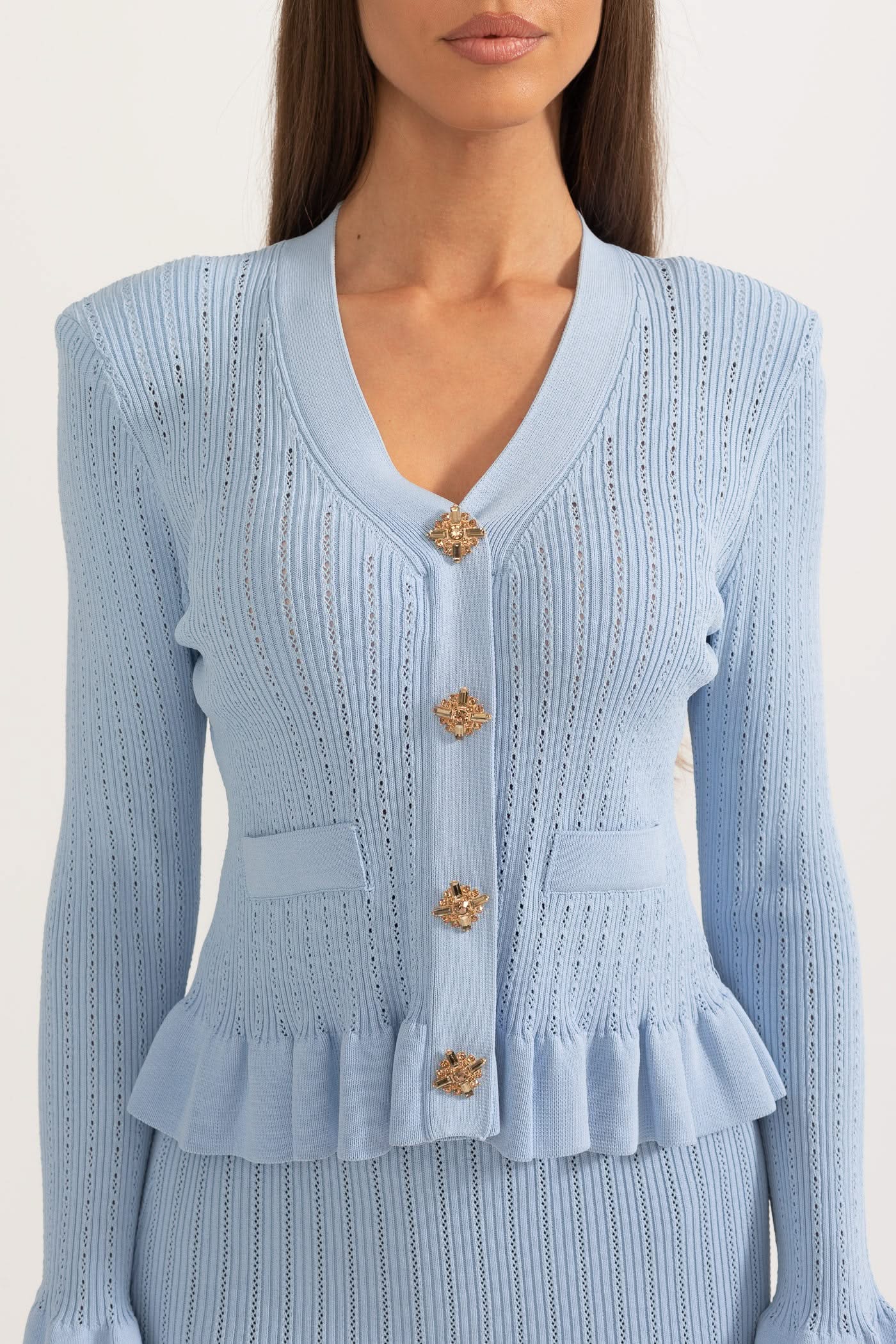 Ruffled Jacket & Flared Skirt Knit Matching Set - Baby Blue