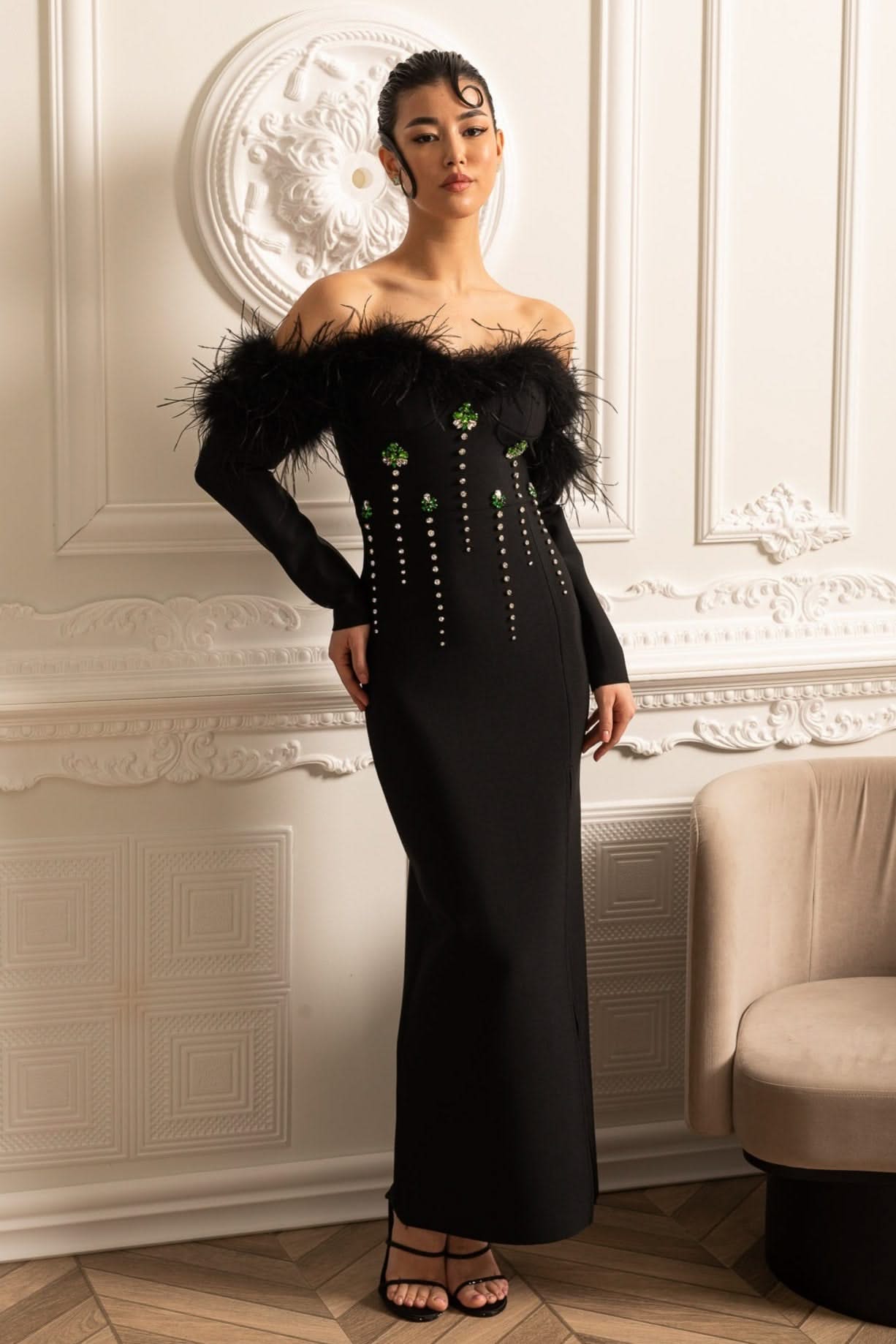 Feather Adorned Dress With Sparkling Embellishments And High-Side Slit - Black