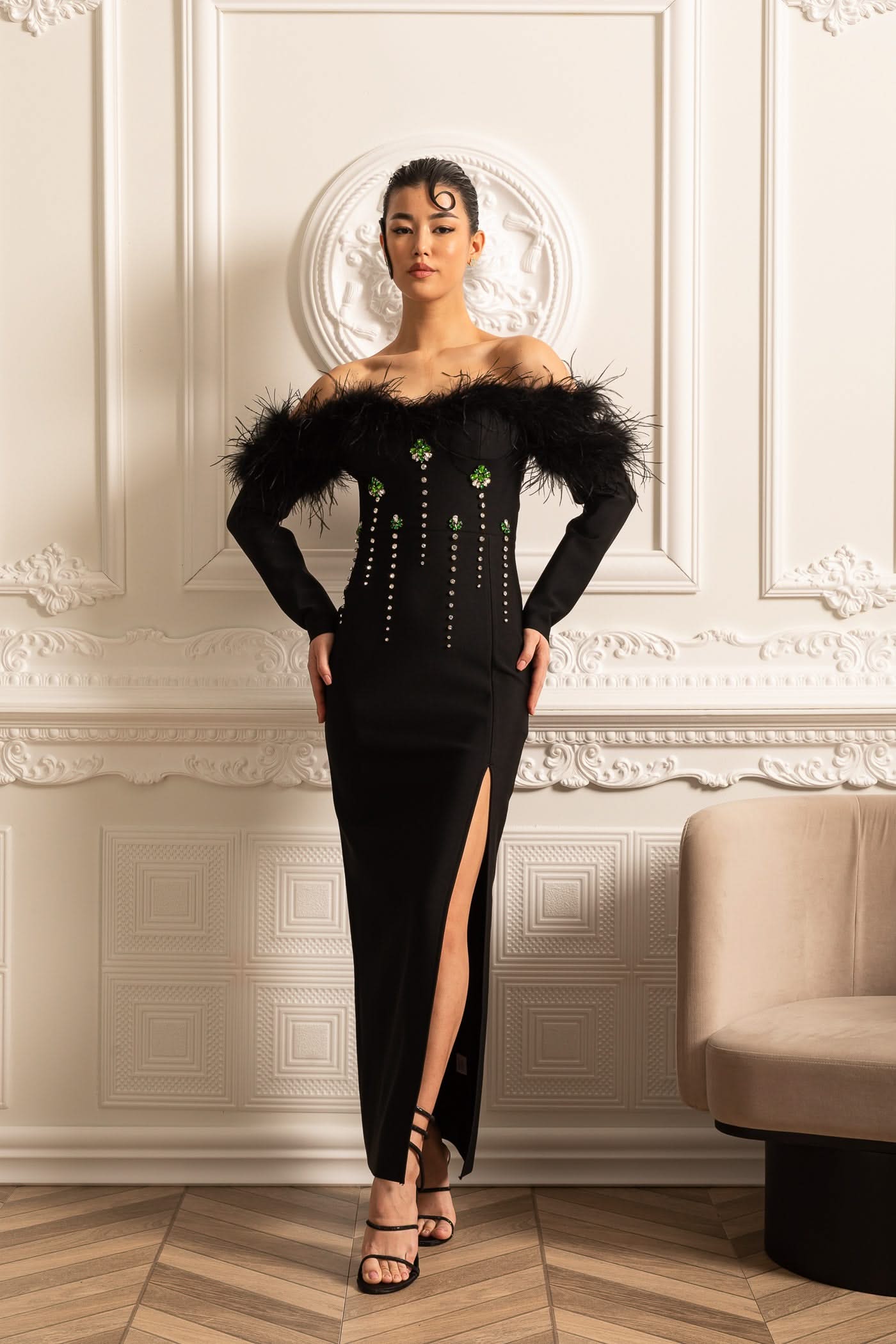 Feather Adorned Dress With Sparkling Embellishments And High-Side Slit - Black