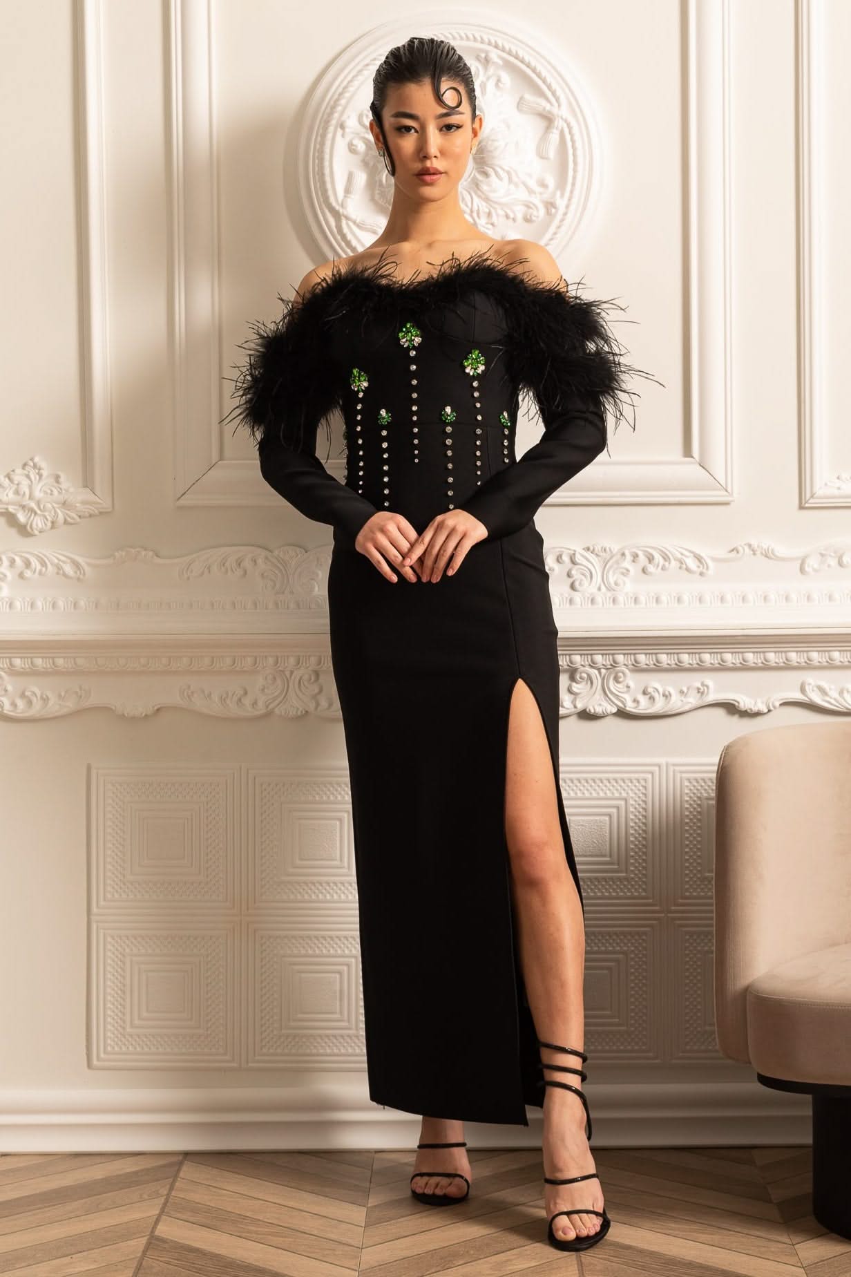 Feather Adorned Dress With Sparkling Embellishments And High-Side Slit - Black