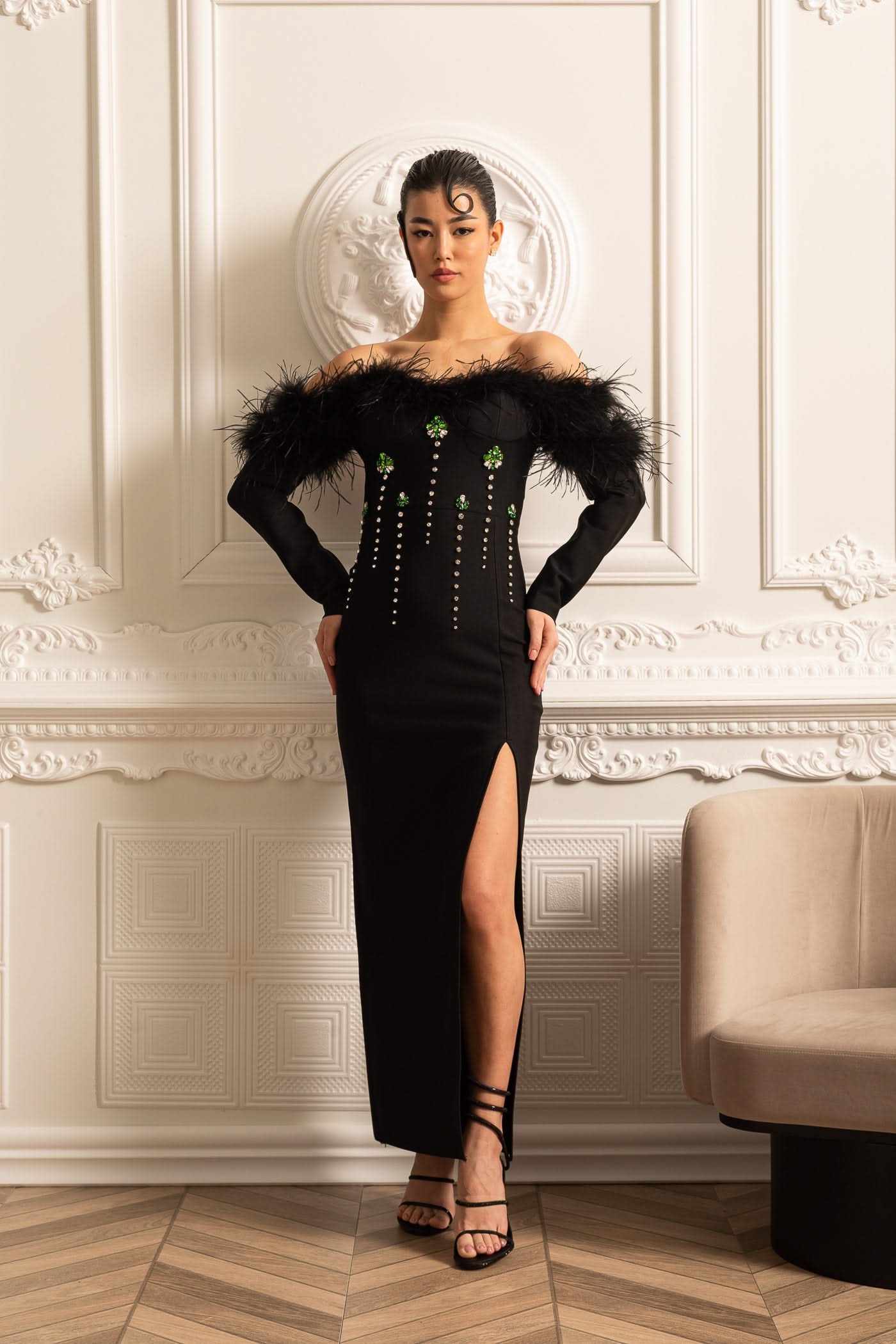 Feather Adorned Dress With Sparkling Embellishments And High-Side Slit - Black