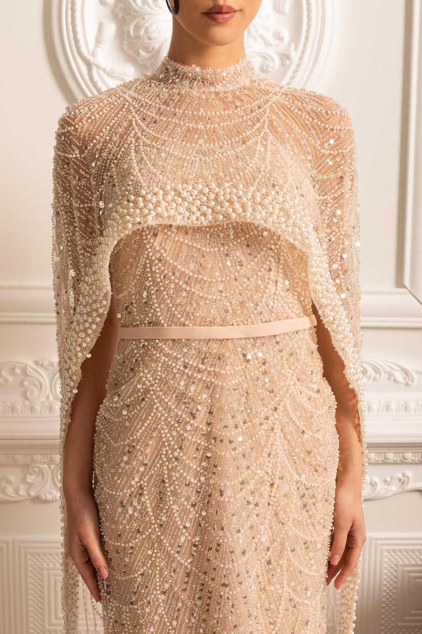 Glamourous Beaded Gown With Detachable Veil - Beige