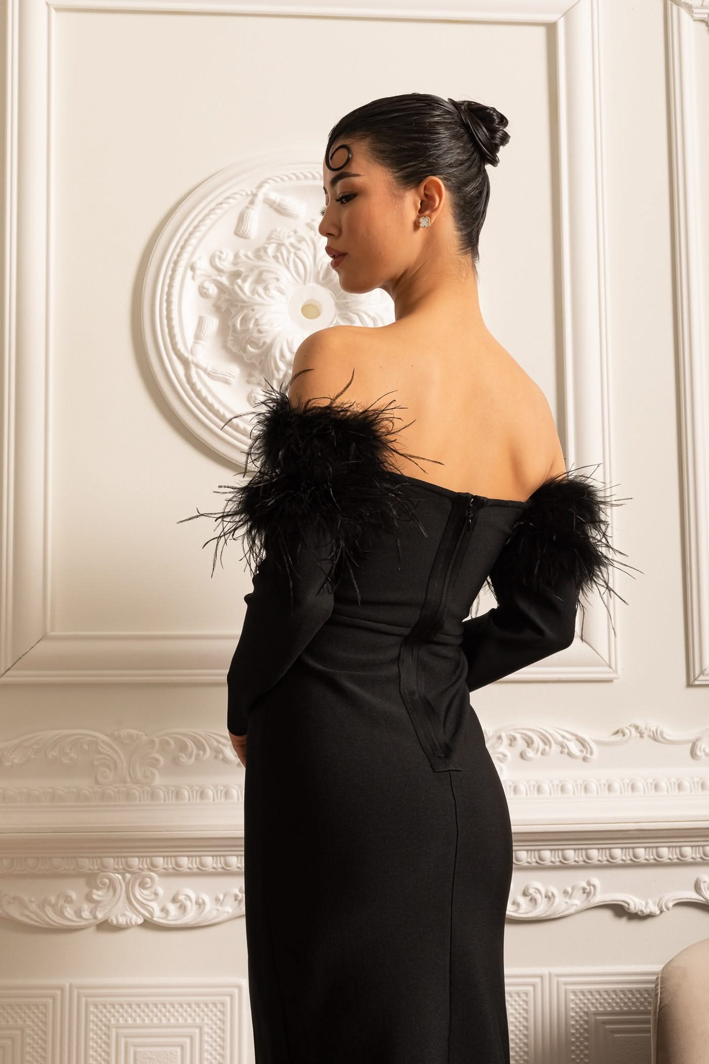 Feather Adorned Dress With Sparkling Embellishments And High-Side Slit - Black