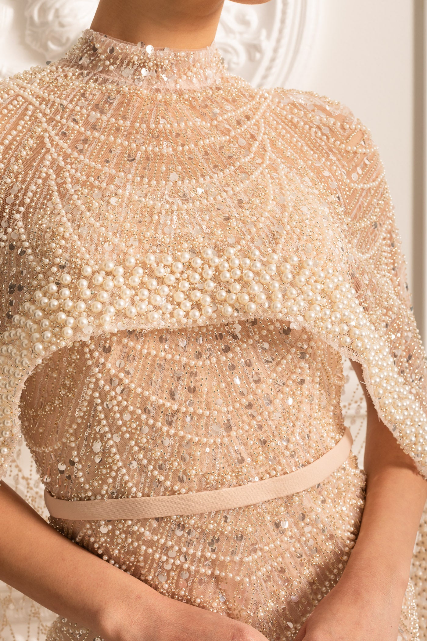Glamourous Beaded Gown With Detachable Veil - Beige