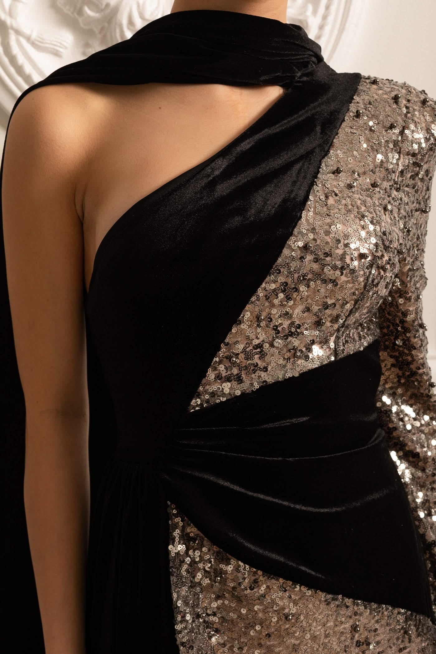 Glamorous Sequin Gown With Black Velvet Accents - Silver