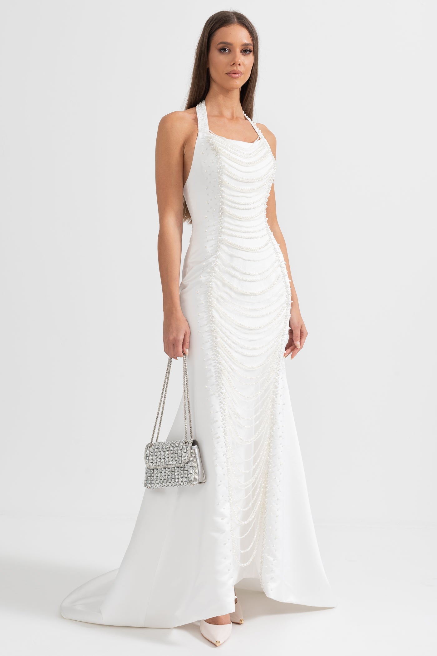 Exquisite Satin Evening Gown with Pearls