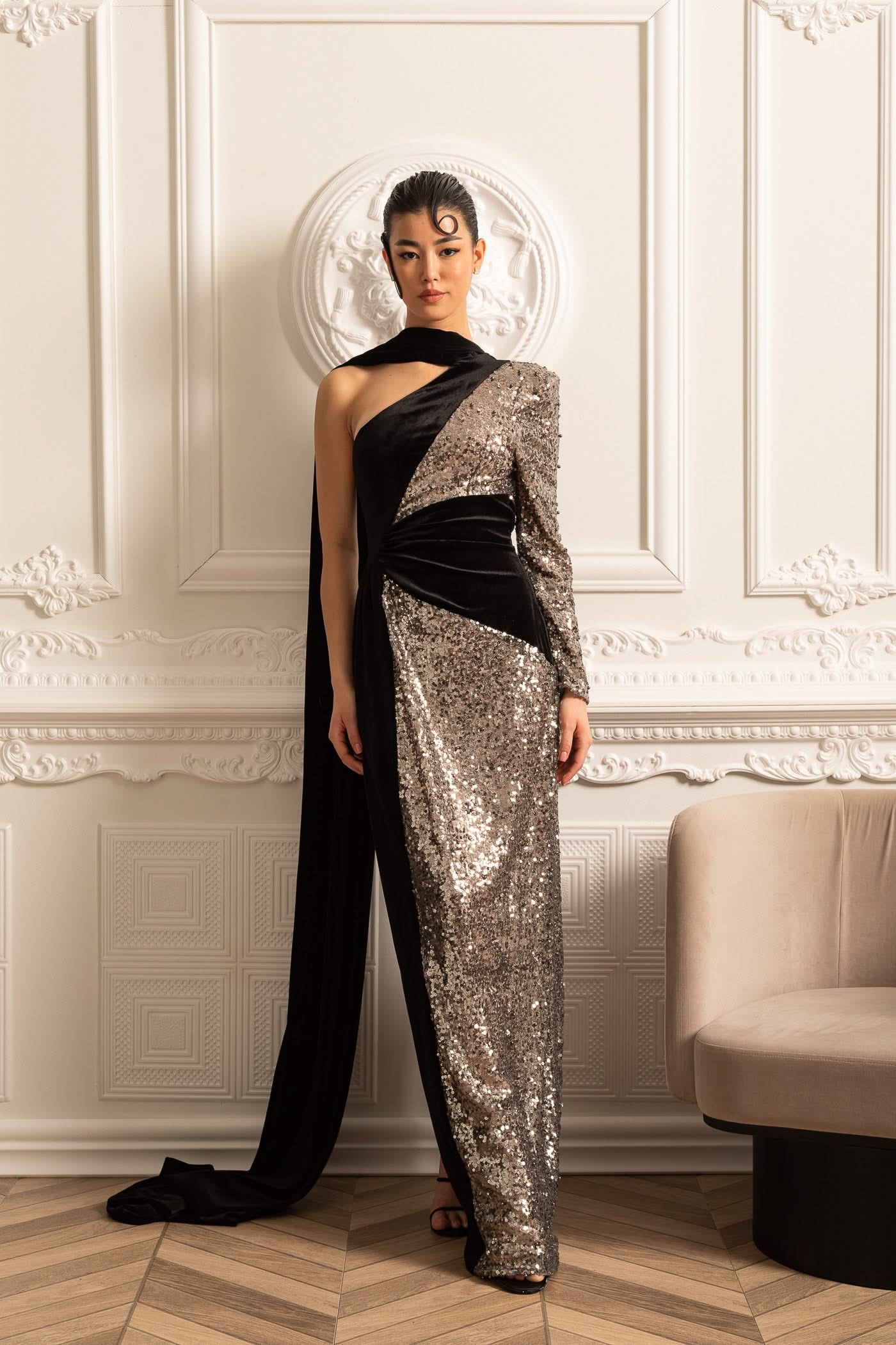 Glamorous Sequin Gown With Black Velvet Accents - Silver