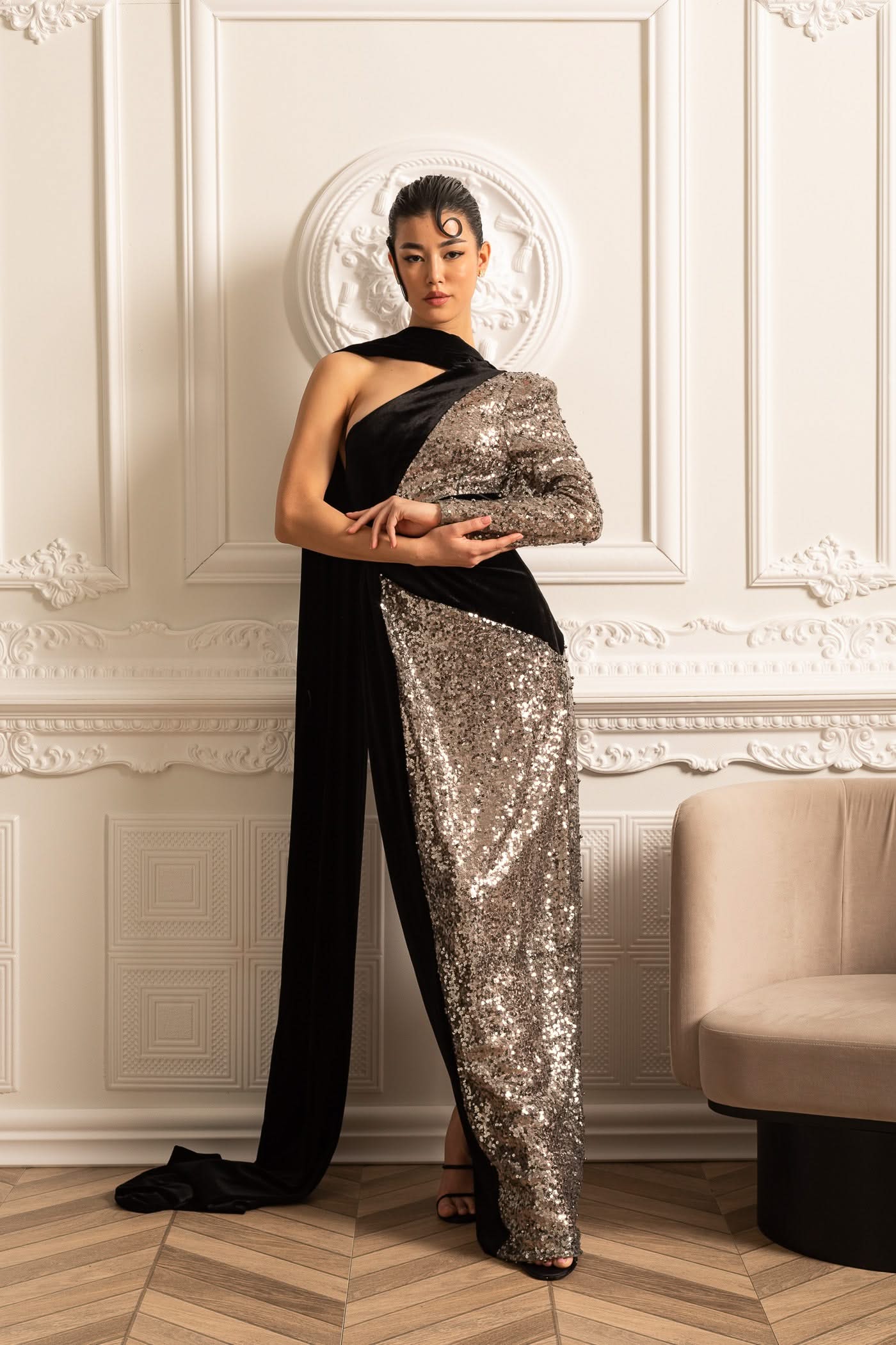 Glamorous Sequin Gown With Black Velvet Accents - Silver