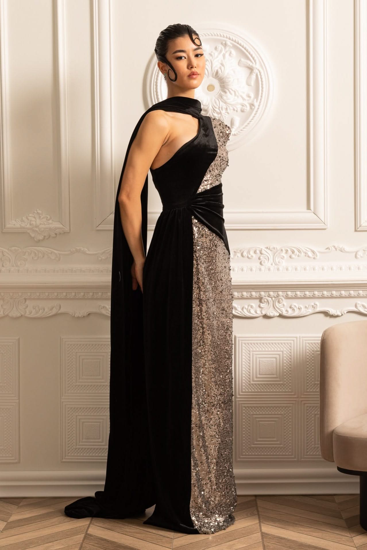 Glamorous Sequin Gown With Black Velvet Accents - Silver