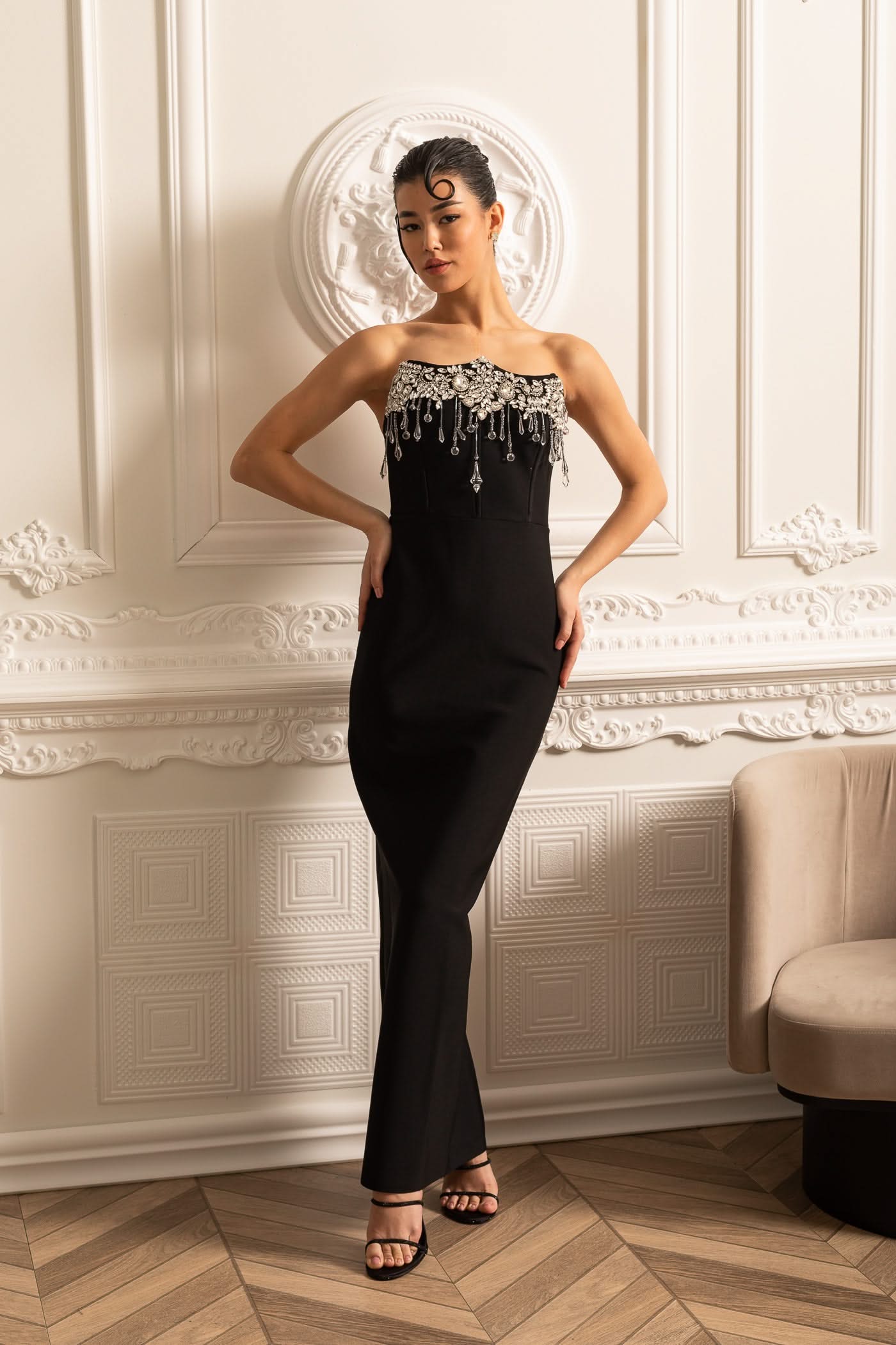 Elegant Fitted Corset Dress With Sparkling Silver Embellishments - Black