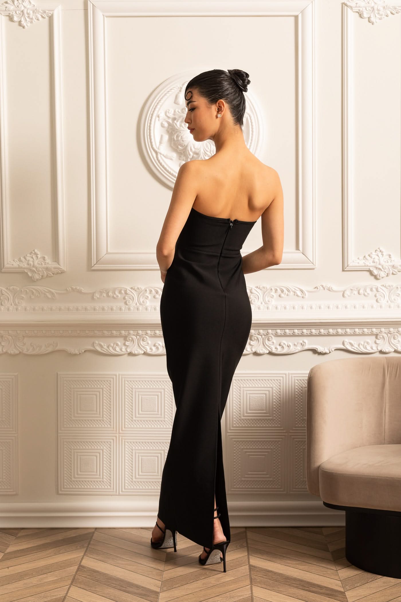 Elegant Fitted Corset Dress With Sparkling Silver Embellishments - Black