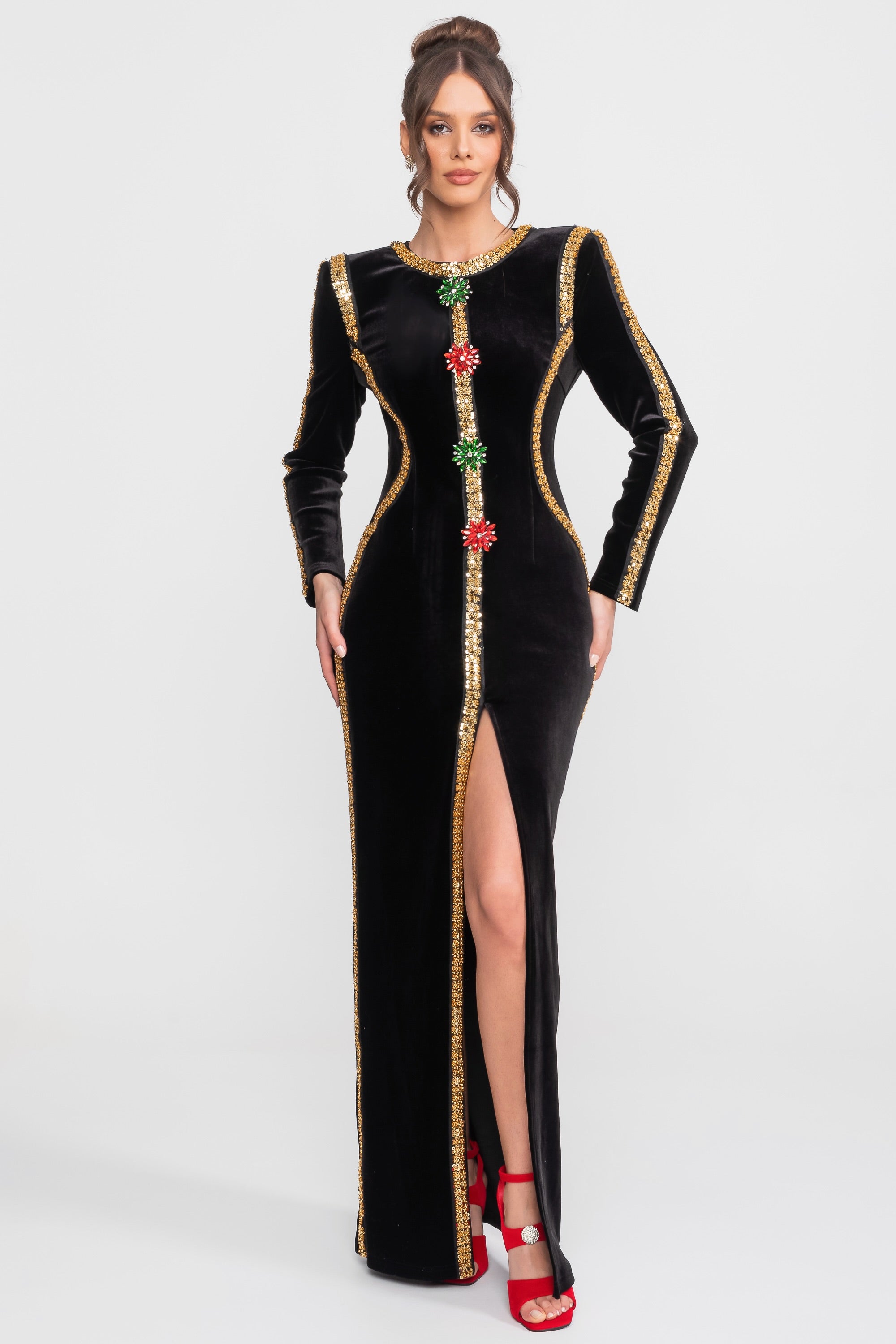 Velvet Maxi Dress With Gold Sequin Trim And Crystal Brooch Detail - Black