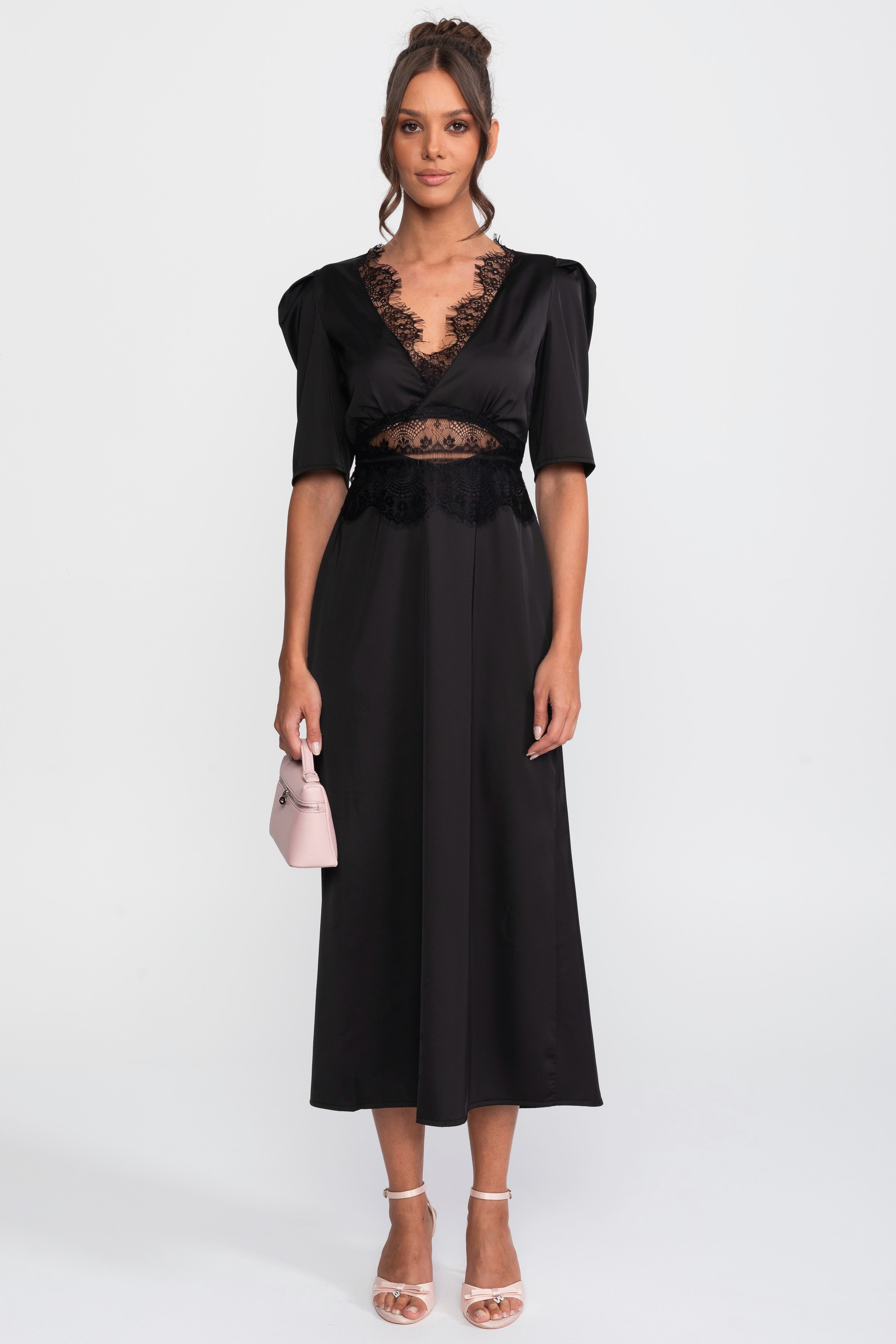 Lace-Trim Polka Dot Midi Dress With Puff Sleeves - Black