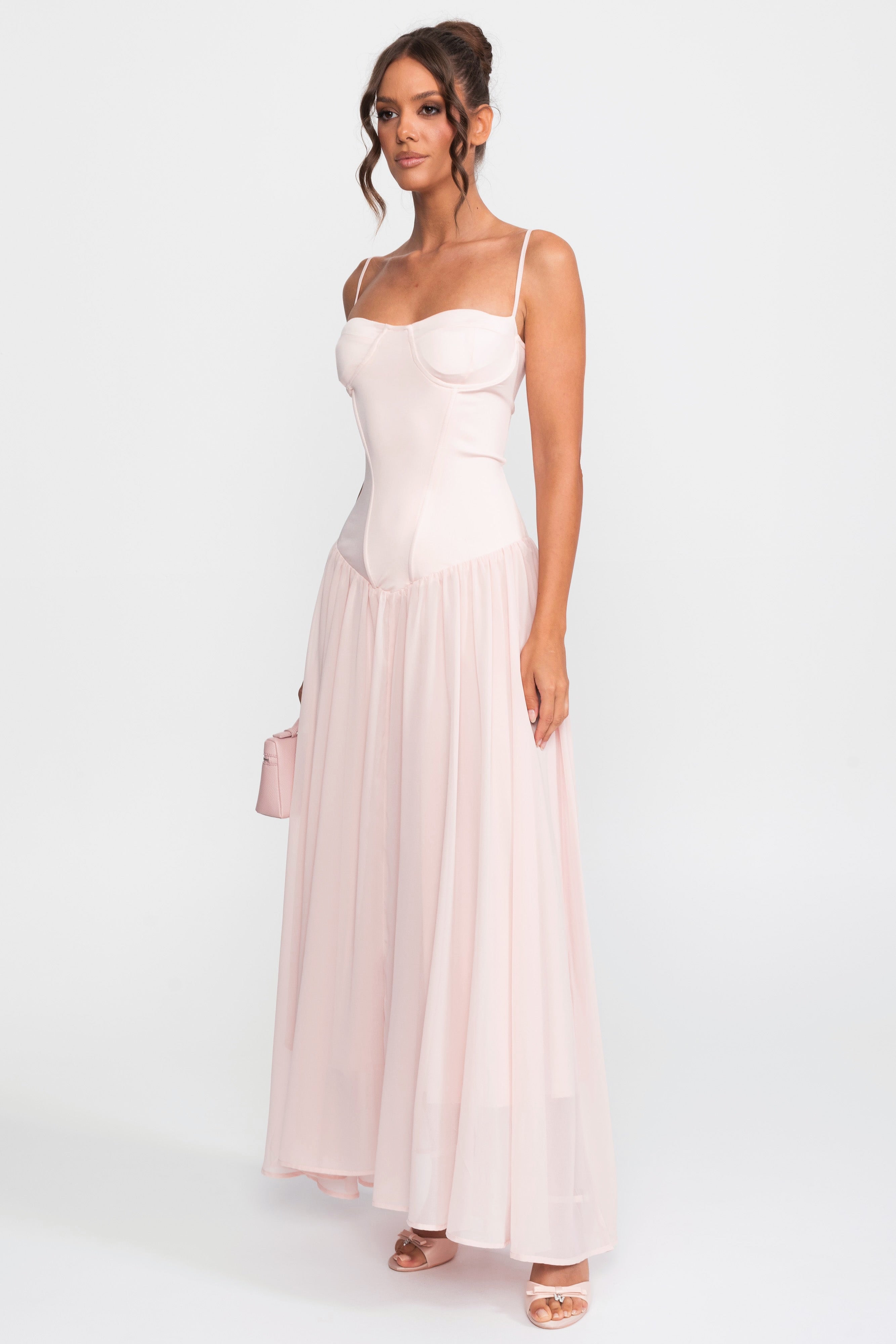 Corset Bodice Chiffon Gown With Dropped Waist - Pink