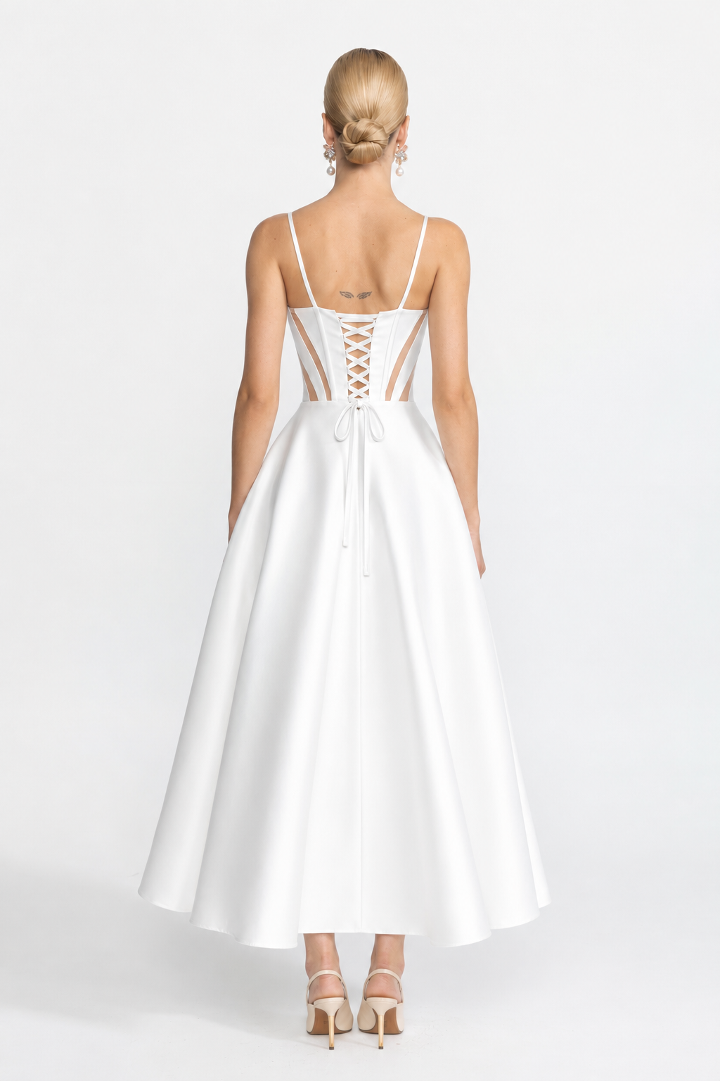 Sheer Panel Satin Corset Midi Dress - White
