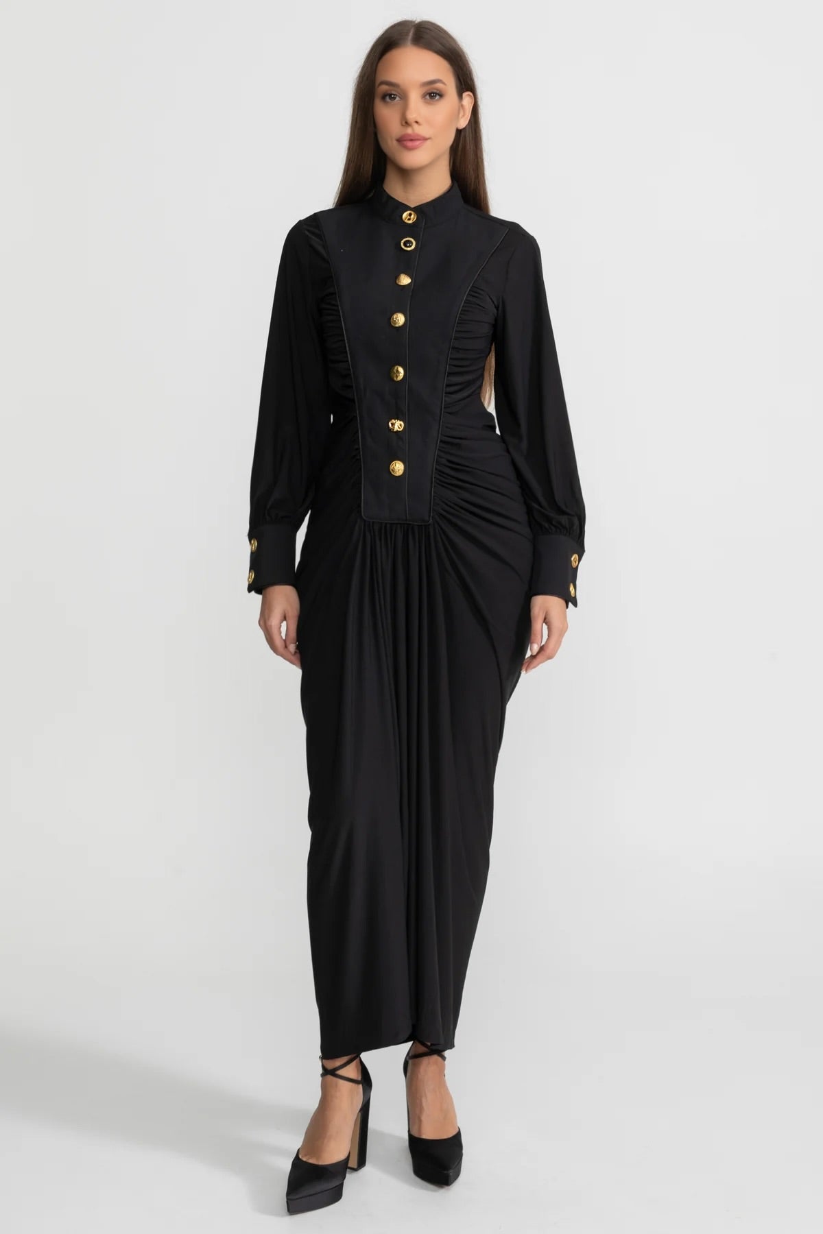 Draped Maxi Dress with Gold Statement Buttons