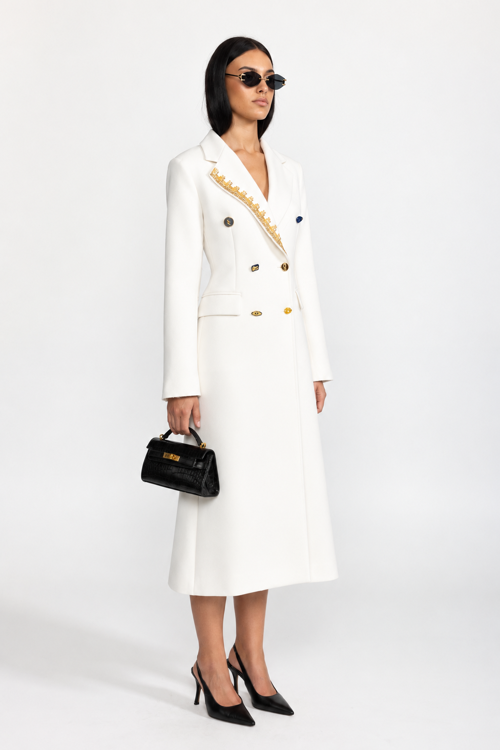 Embellished Lapel Double-Breasted Longline Coat - White