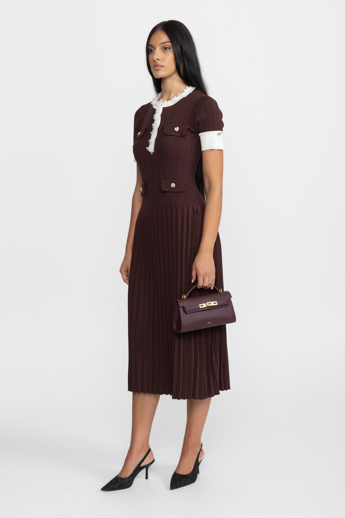 Pleated Knit Ruffle Trim Midi Dress - Chocolate
