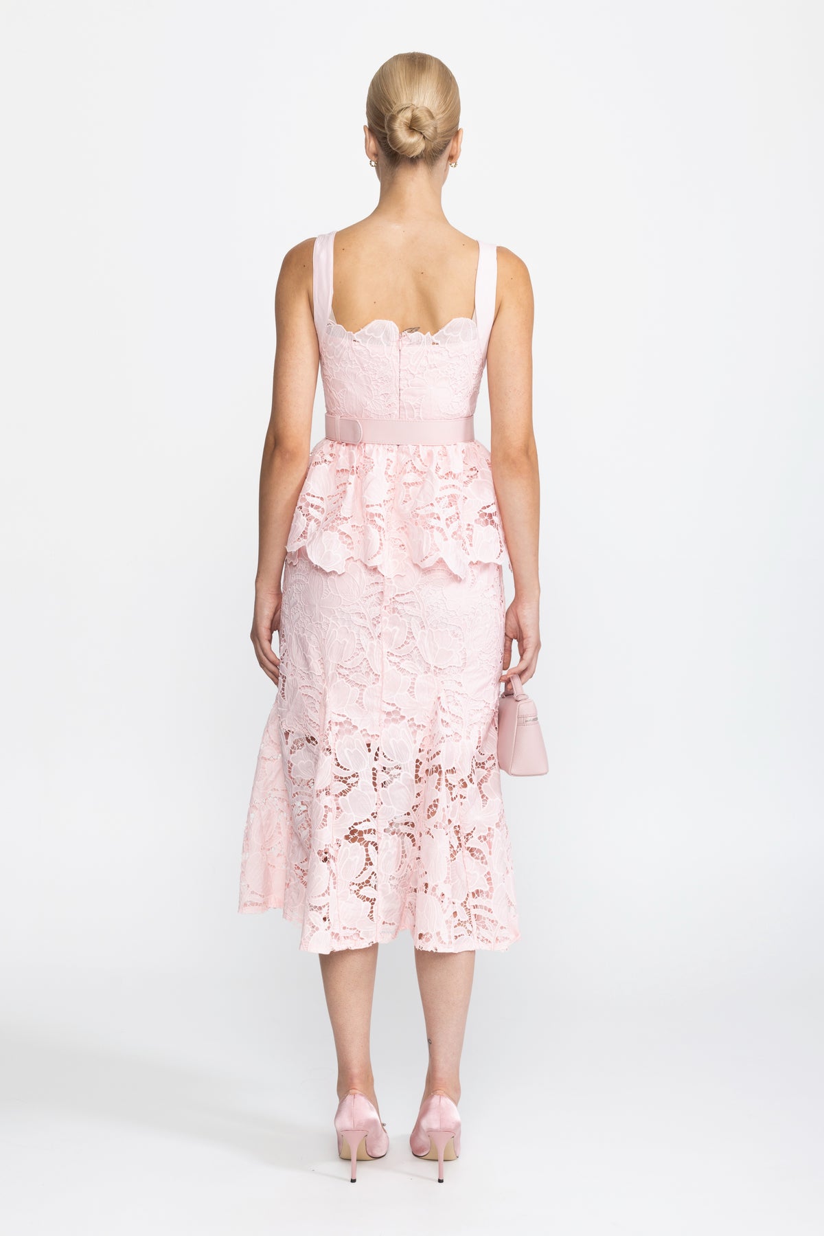 Guipure Lace Peplum Midi Dress - Pink