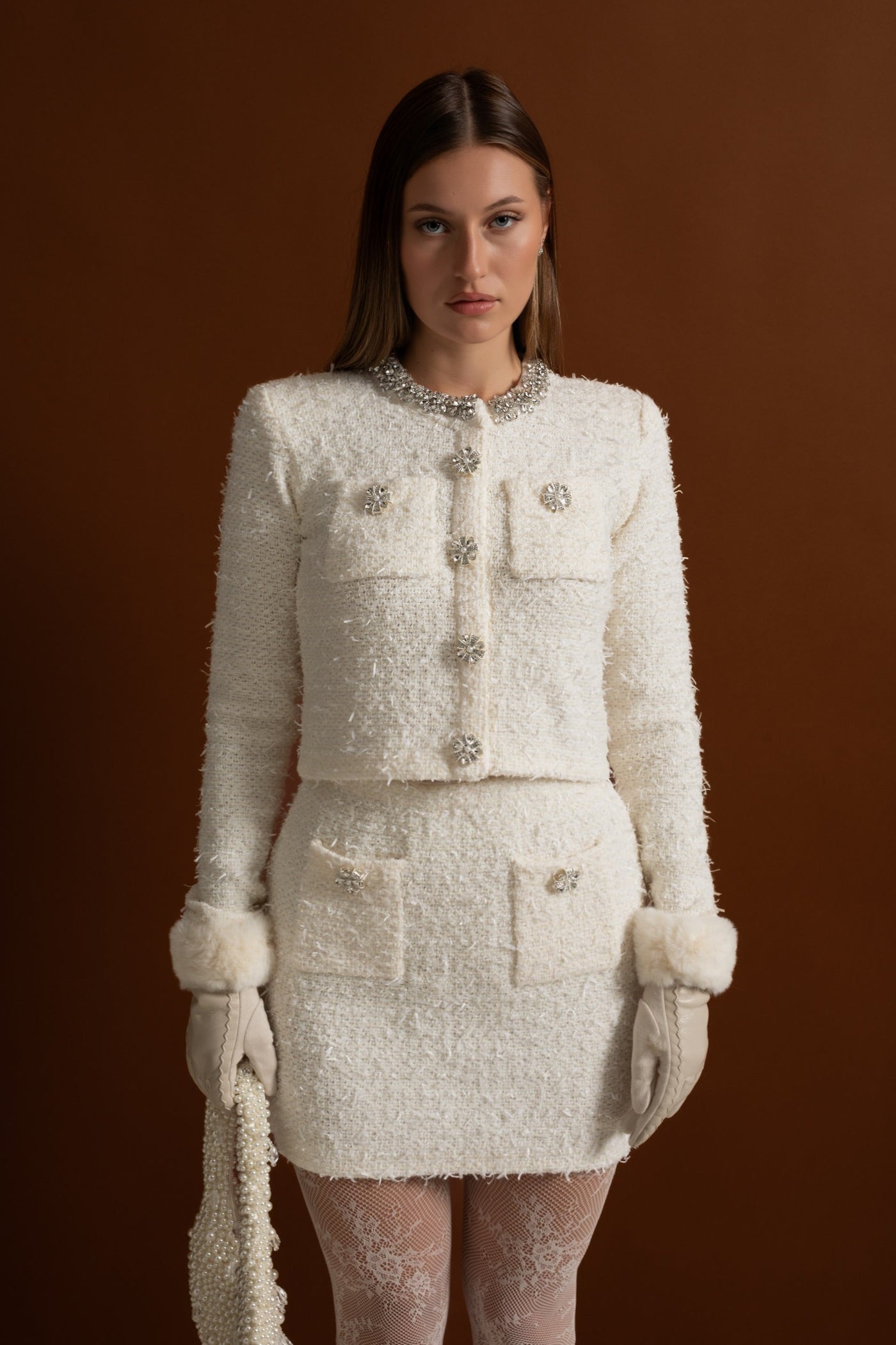 Tweed Blazer With Crystal Embellishments And Buttons - White