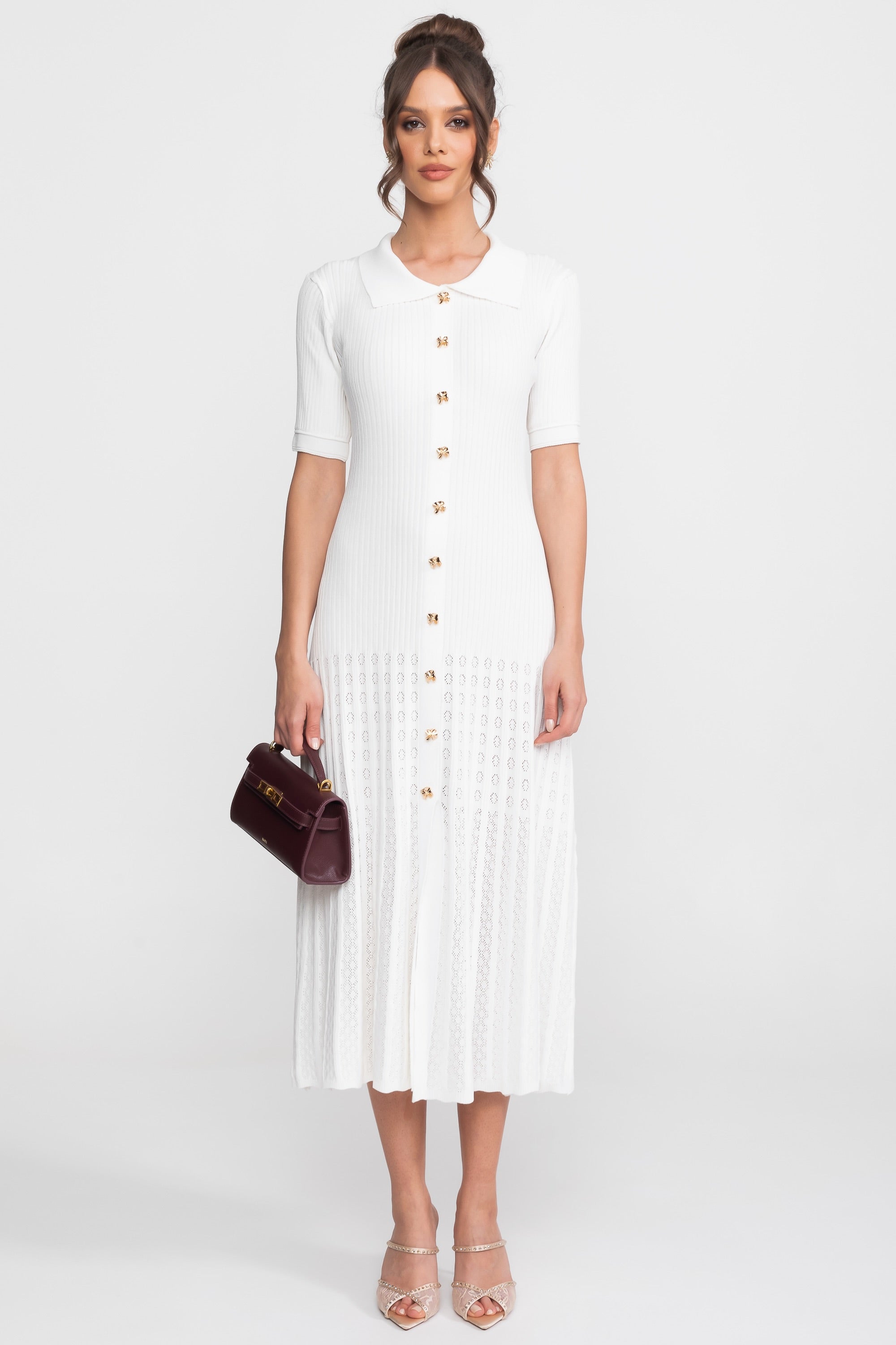 Ribbed Knit Midi Dress With Peter Pan Collar And Pleated Skirt - White
