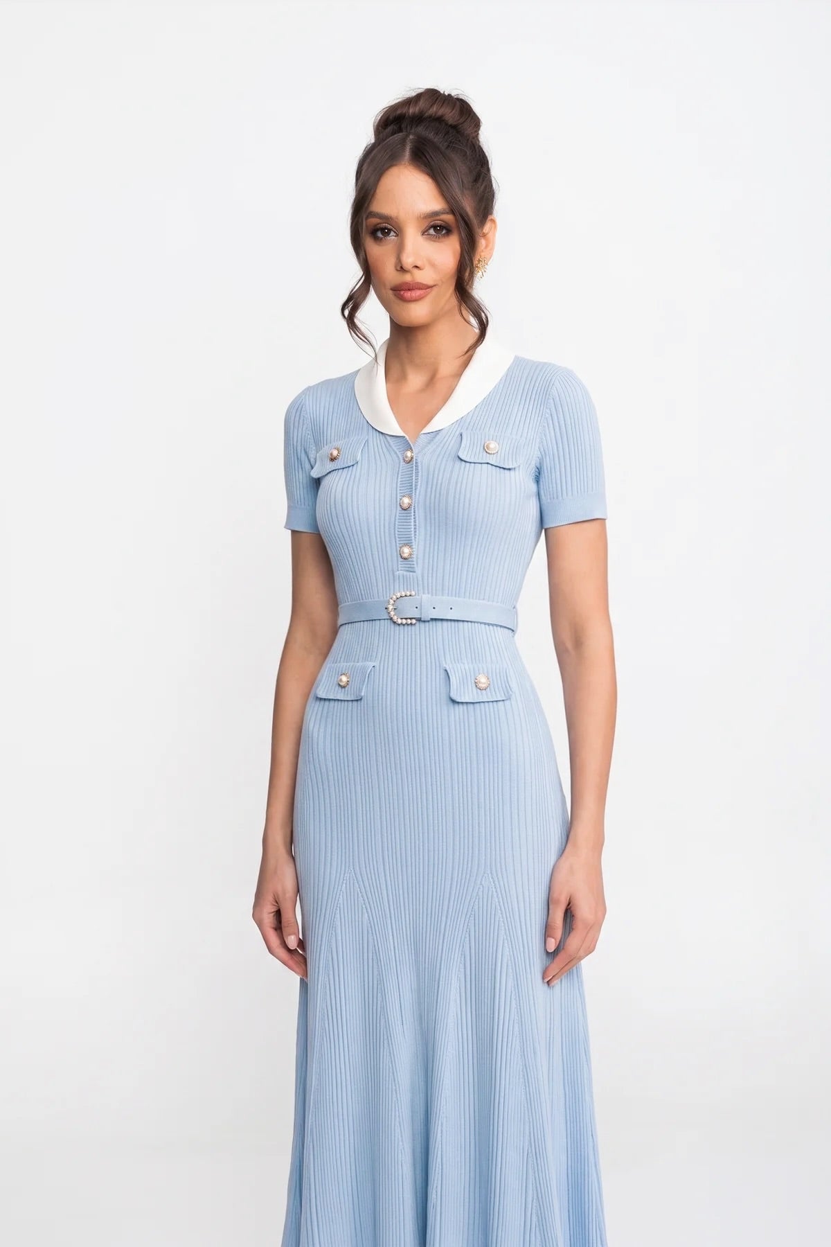 Ribbed Knit Midi Dress With White Collar And Pearl Belt - Light Blue