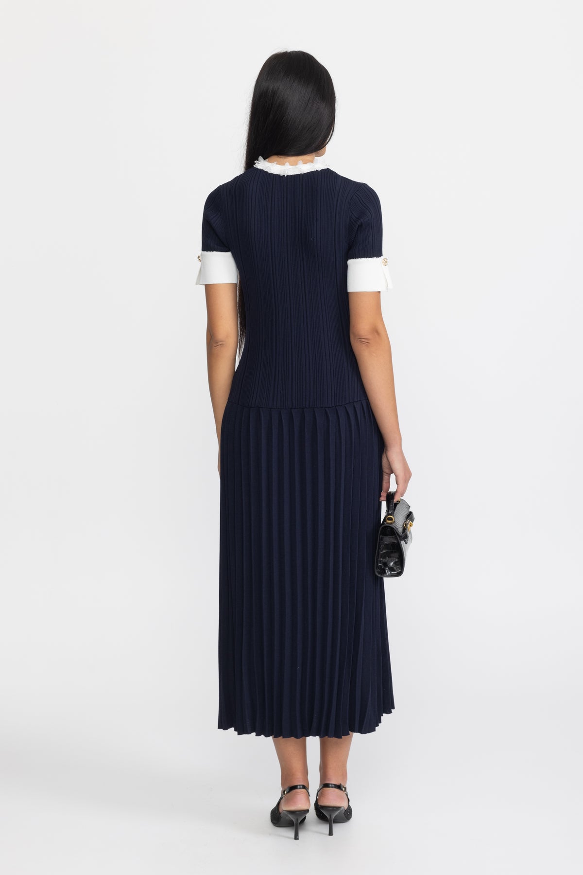 Pleated Knit Ruffle Trim Midi Dress - Navy