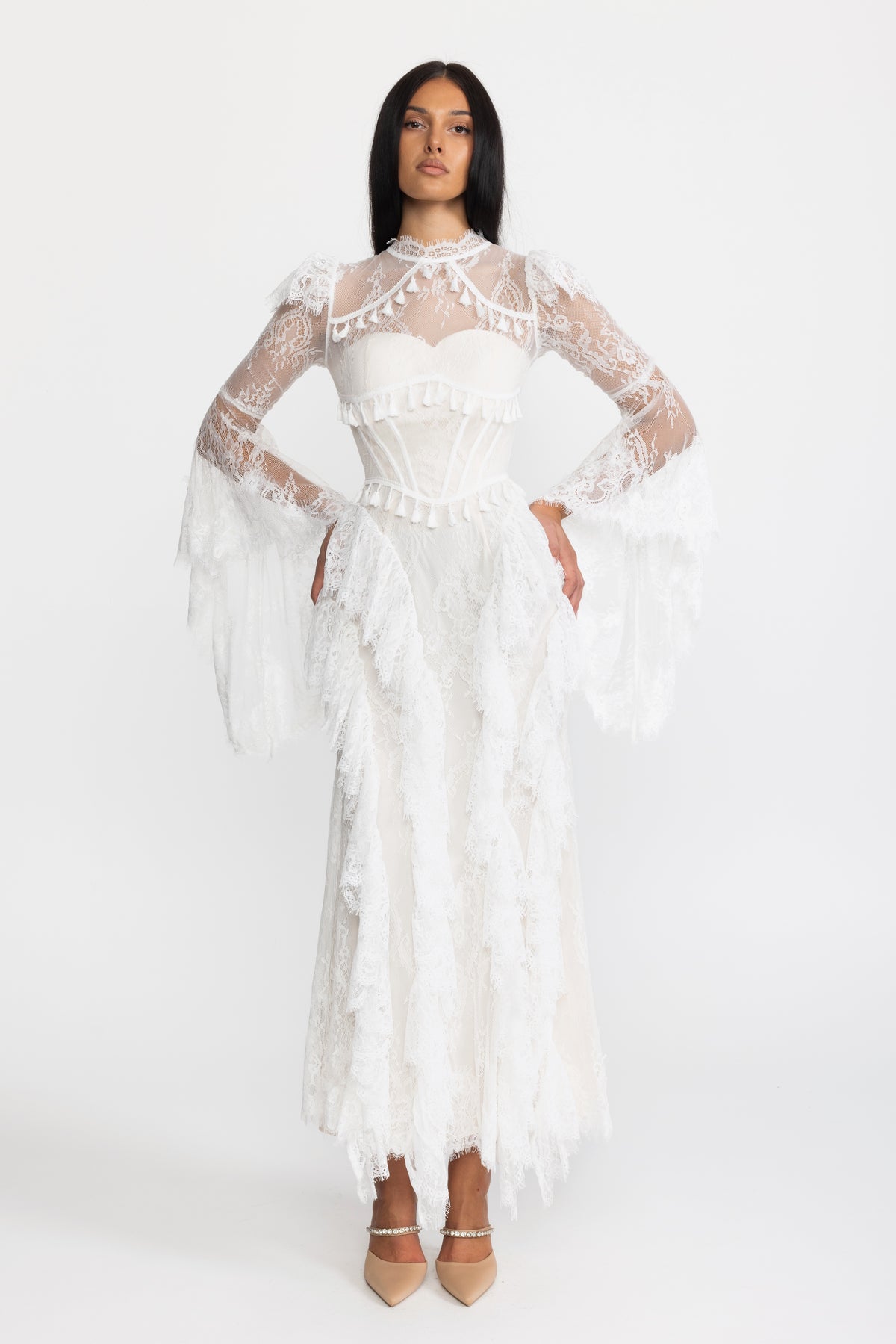 Tassel Trim Lace Corset Bell Sleeve Maxi Dress - White