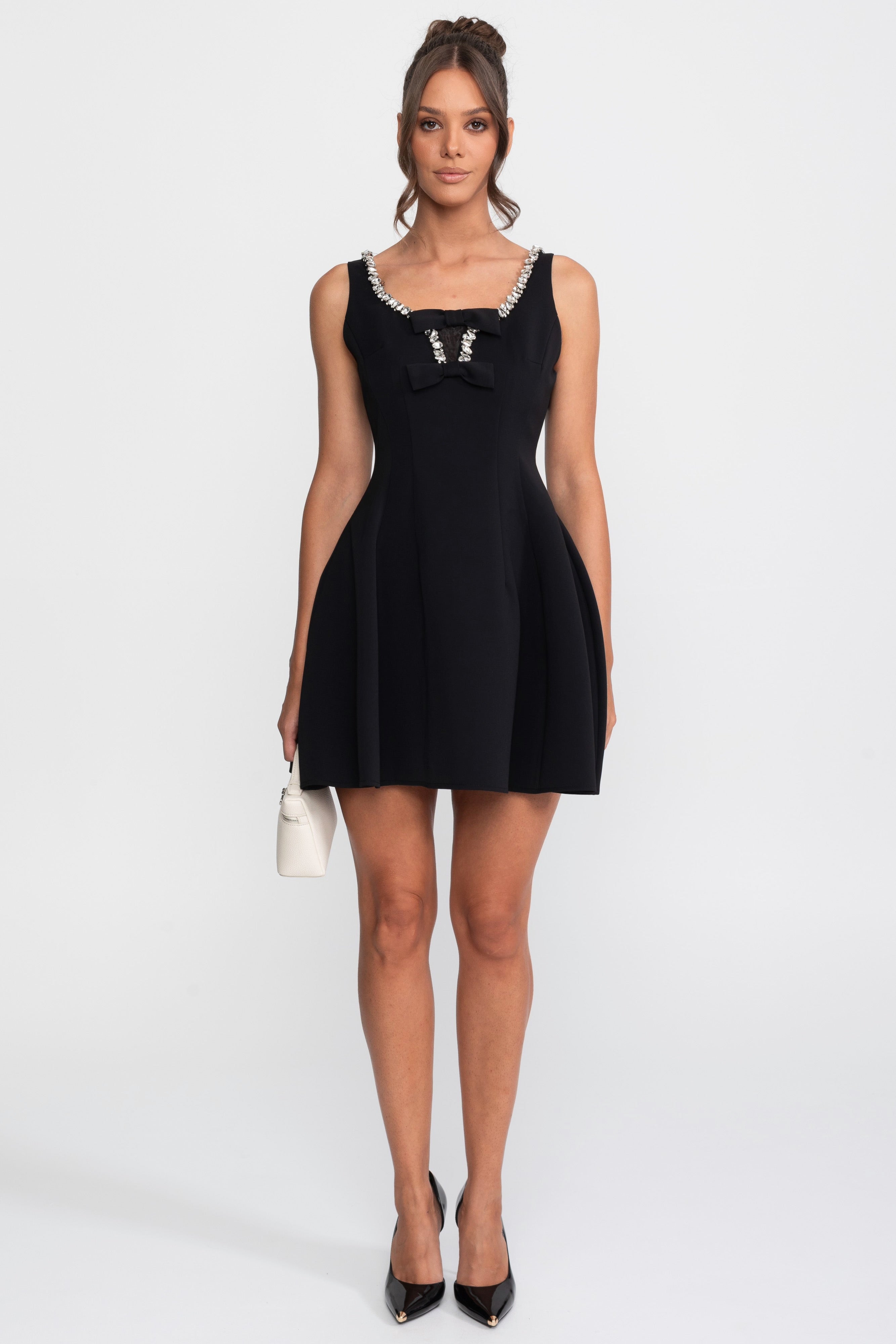 Crystal Trim Fit-and-Flare Mini Dress With Chest Bows - Black