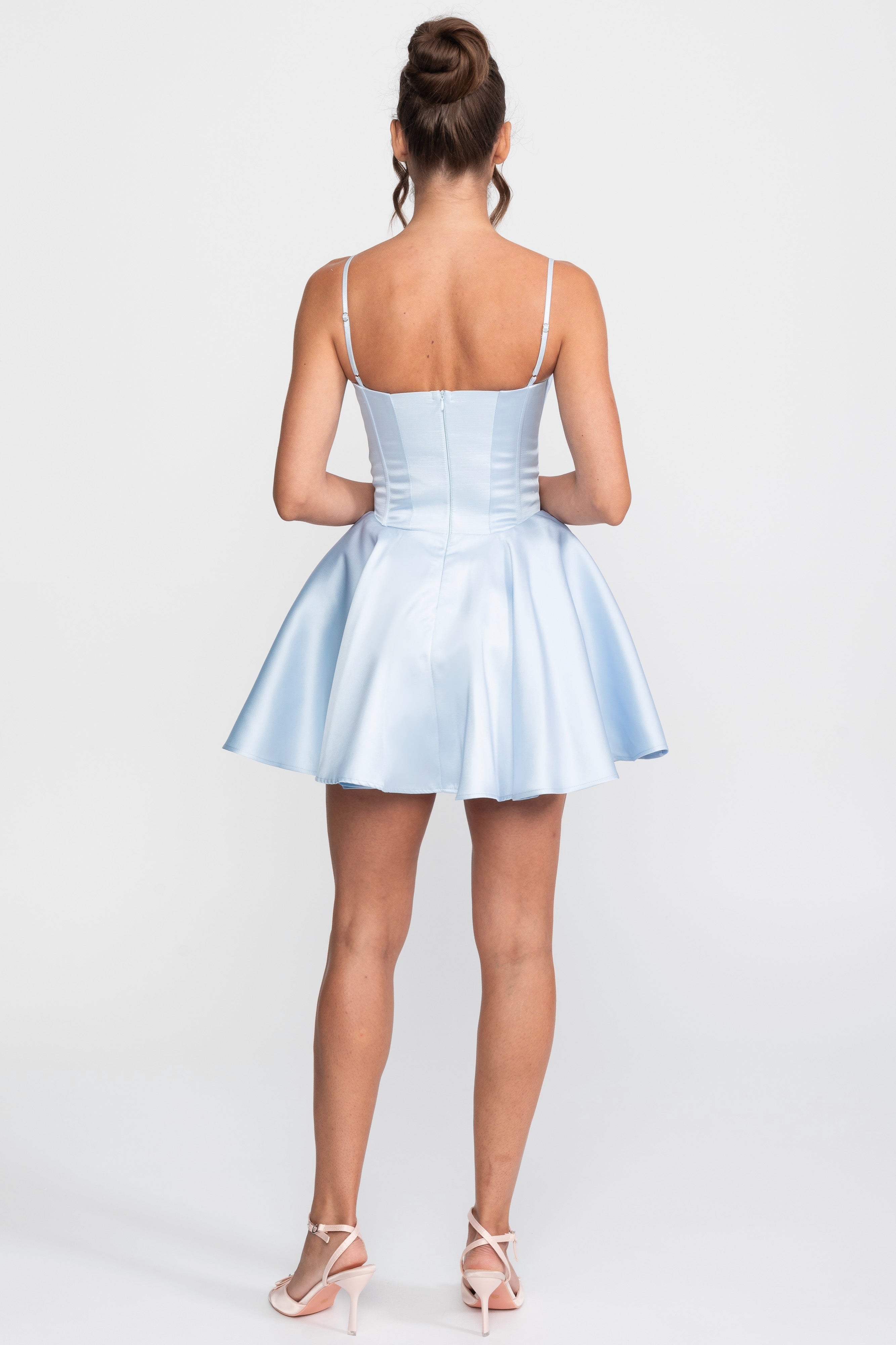 Ruffled Sweetheart Fit-and-Flare Dress With Lace Trim - Blue