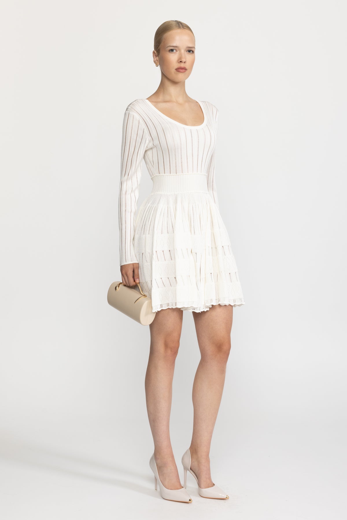 Ladder Knit Scoop Neck Skater Mini Dress - White
