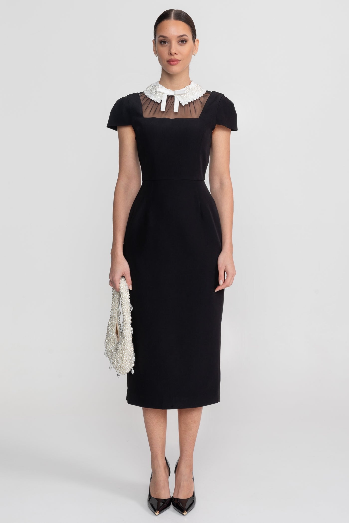 Cap Sleeve Midi Dress With Lace Collar Tie Detail