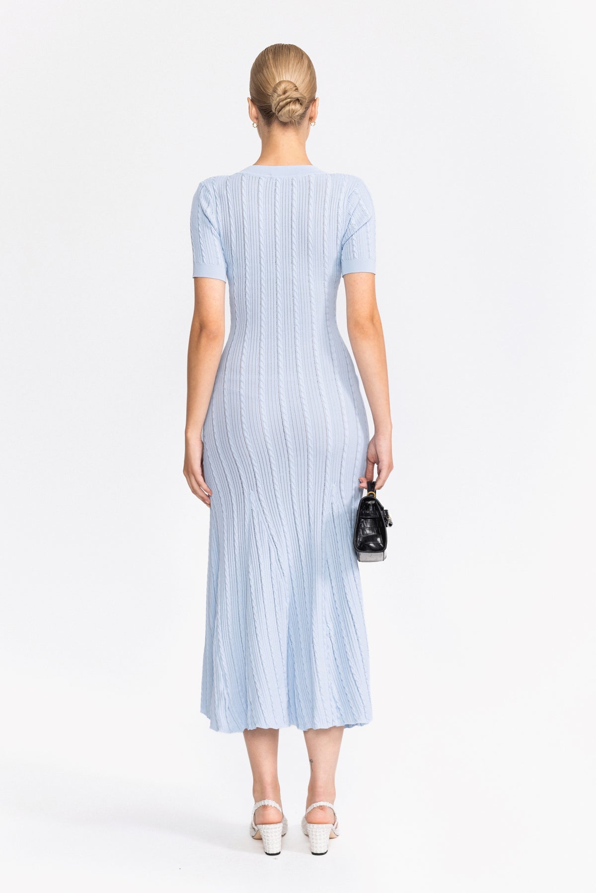 Cable Knit Jewel-Button Midi Dress - Light Blue