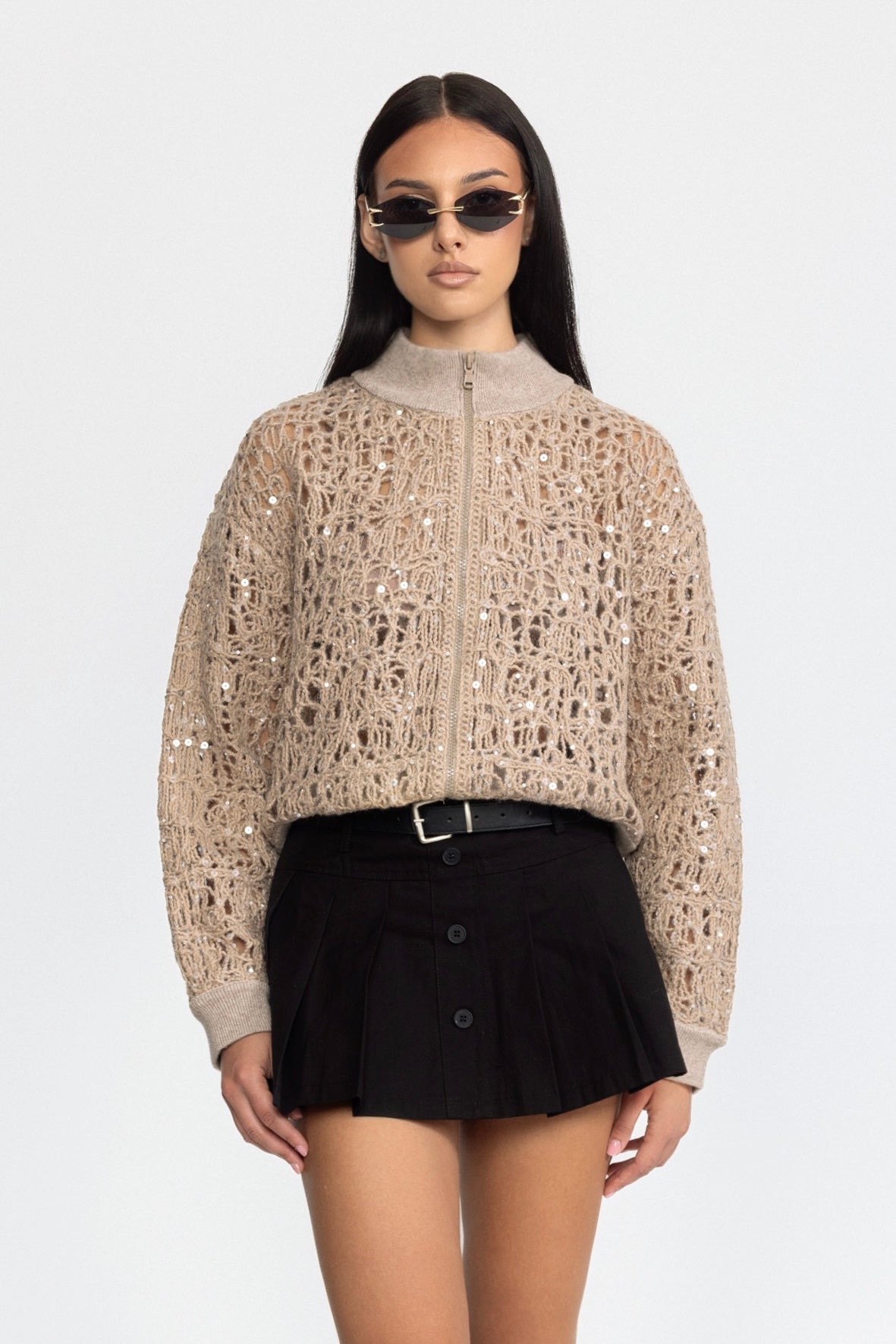 Sequin Open-Knit Zip Cardigan - Beige