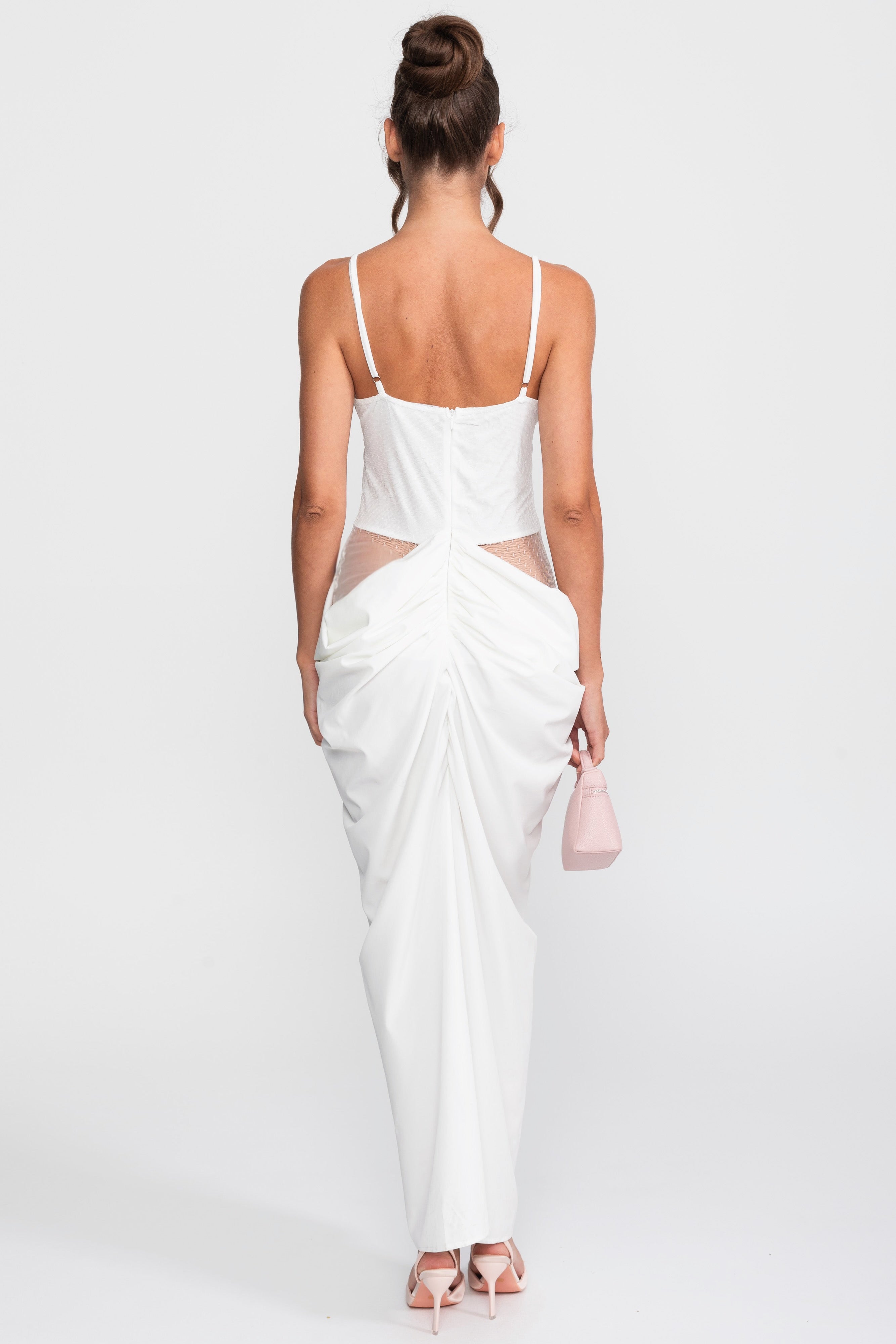 Lace Bodice Draped Gown With Spaghetti Straps - White