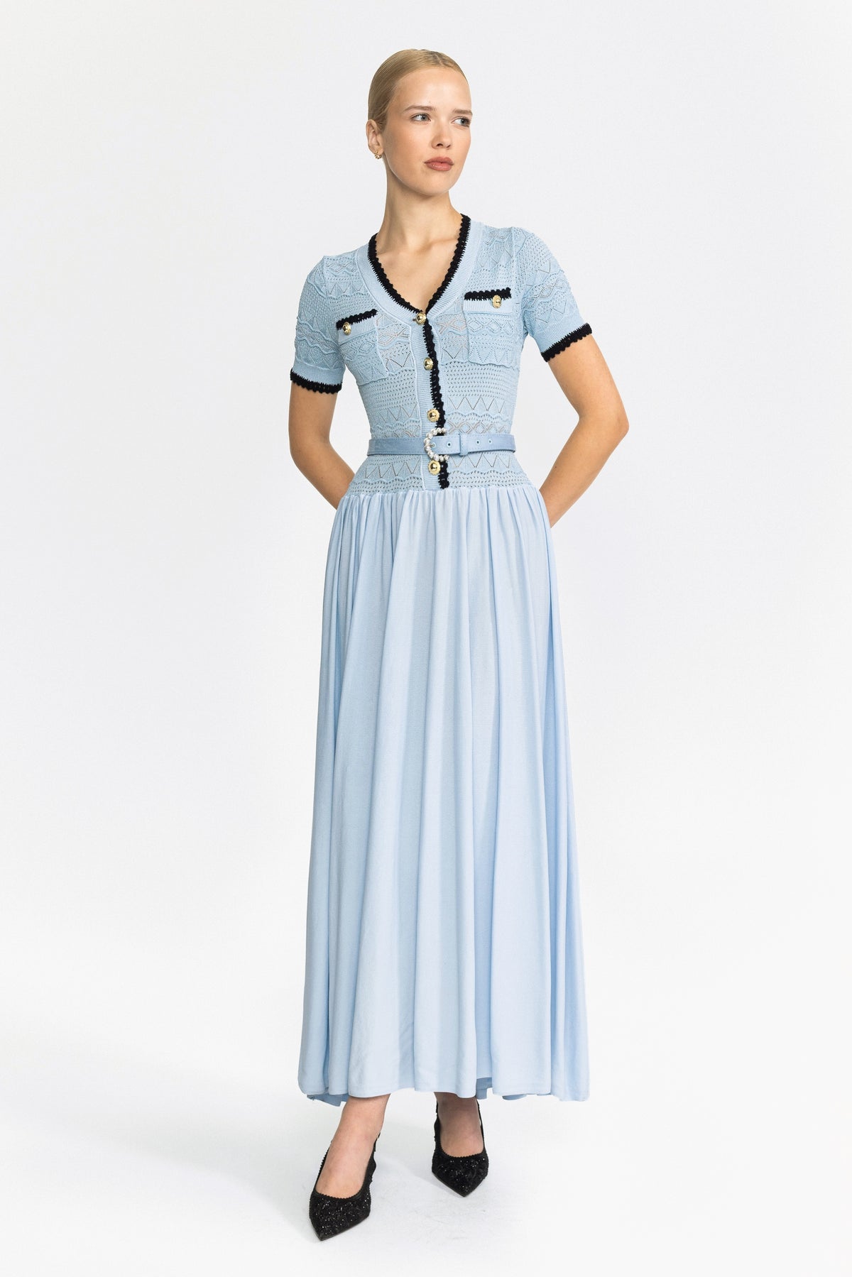 Pointelle Knit Bodice Belted Maxi Dress - Light Blue