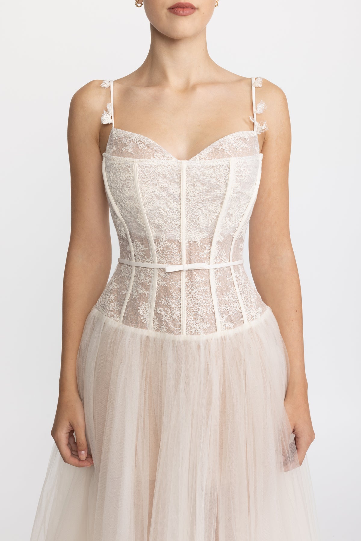 Lace Corset Tulle Midi Dress - Beige