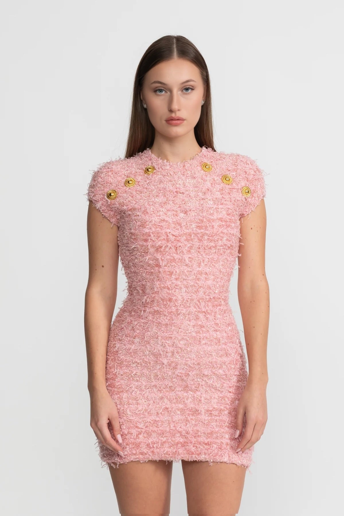 Textured Tweed Mini Dress with Gold Button Embellishments  Pink, M
