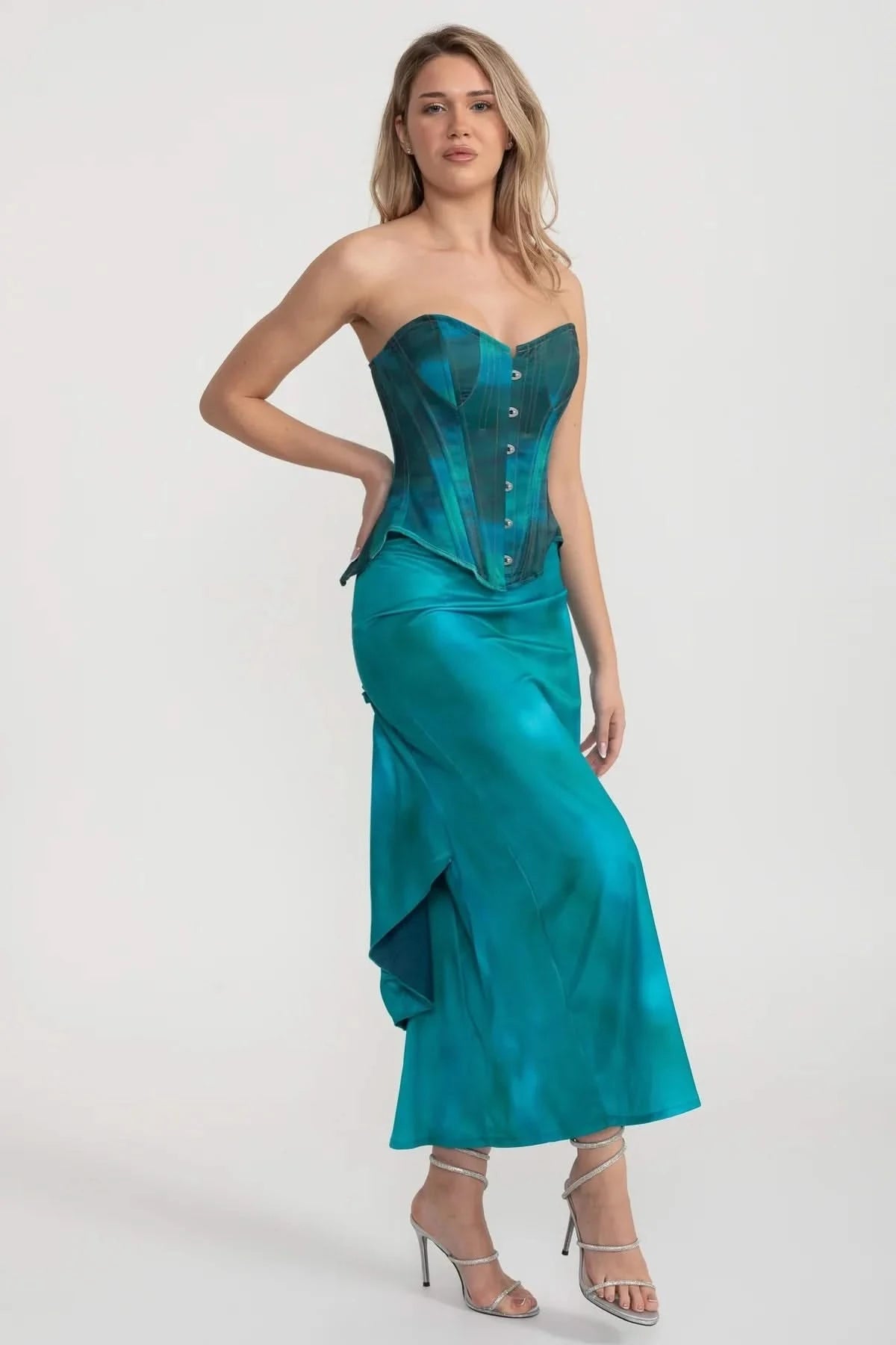 Elegant Satin Set With Corset-Style Bodice And Midi Skirt - Teal