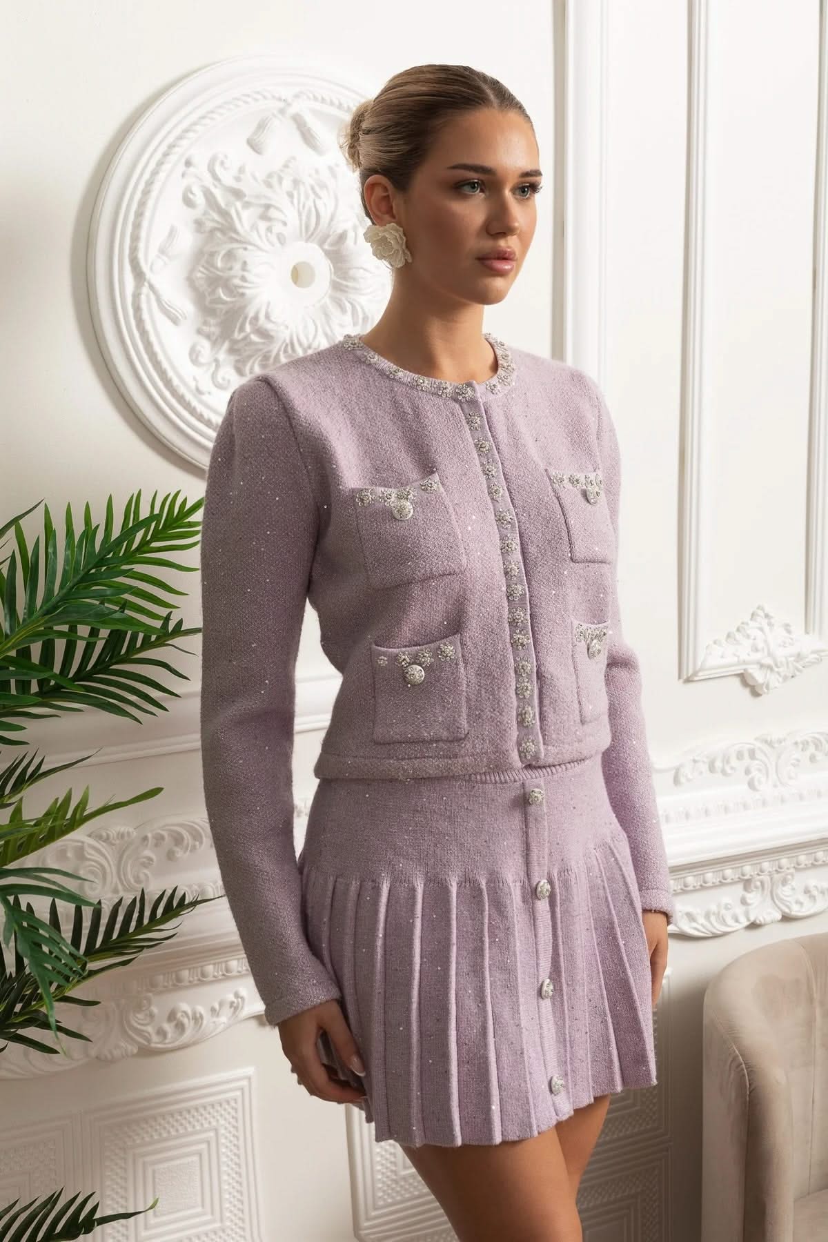 Embellished Knit Cardigan & Pleated Mini Skirt Co-ord Set - Lilac