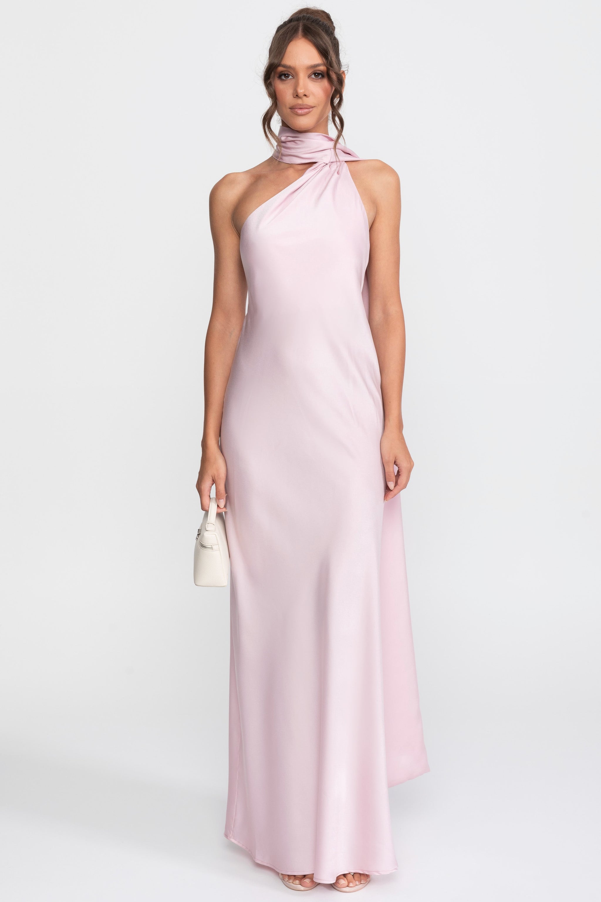 Twist Halter Satin Slip Dress With Asymmetric Neckline