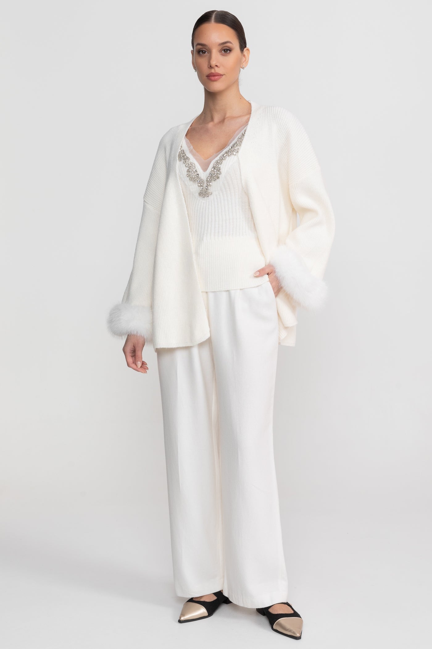 Knit Two Piece Set With Crystal Embellishments And Trim Cuffs - White