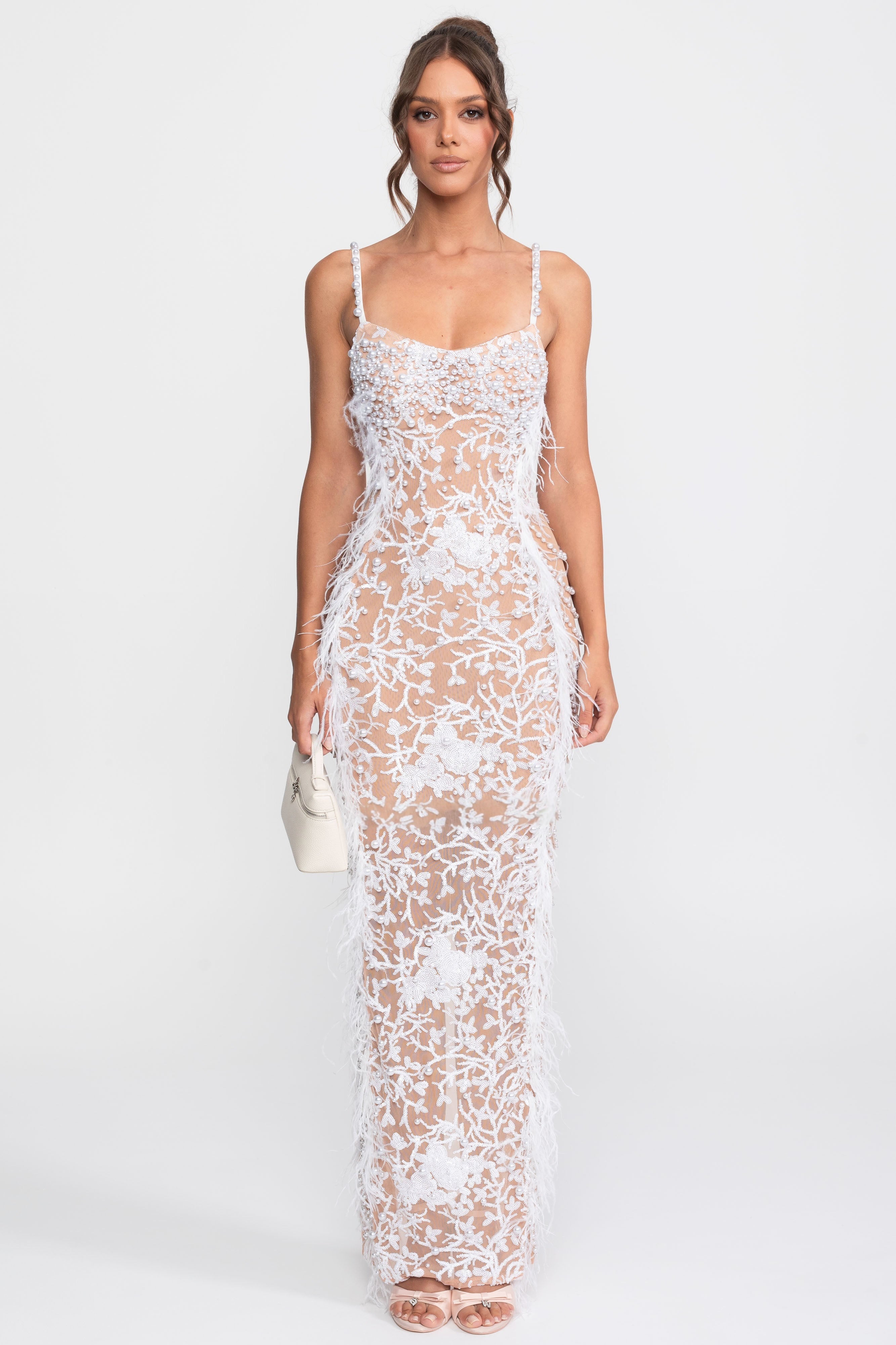 Feather Trim Beaded Lace Gown With Pearl Straps - White