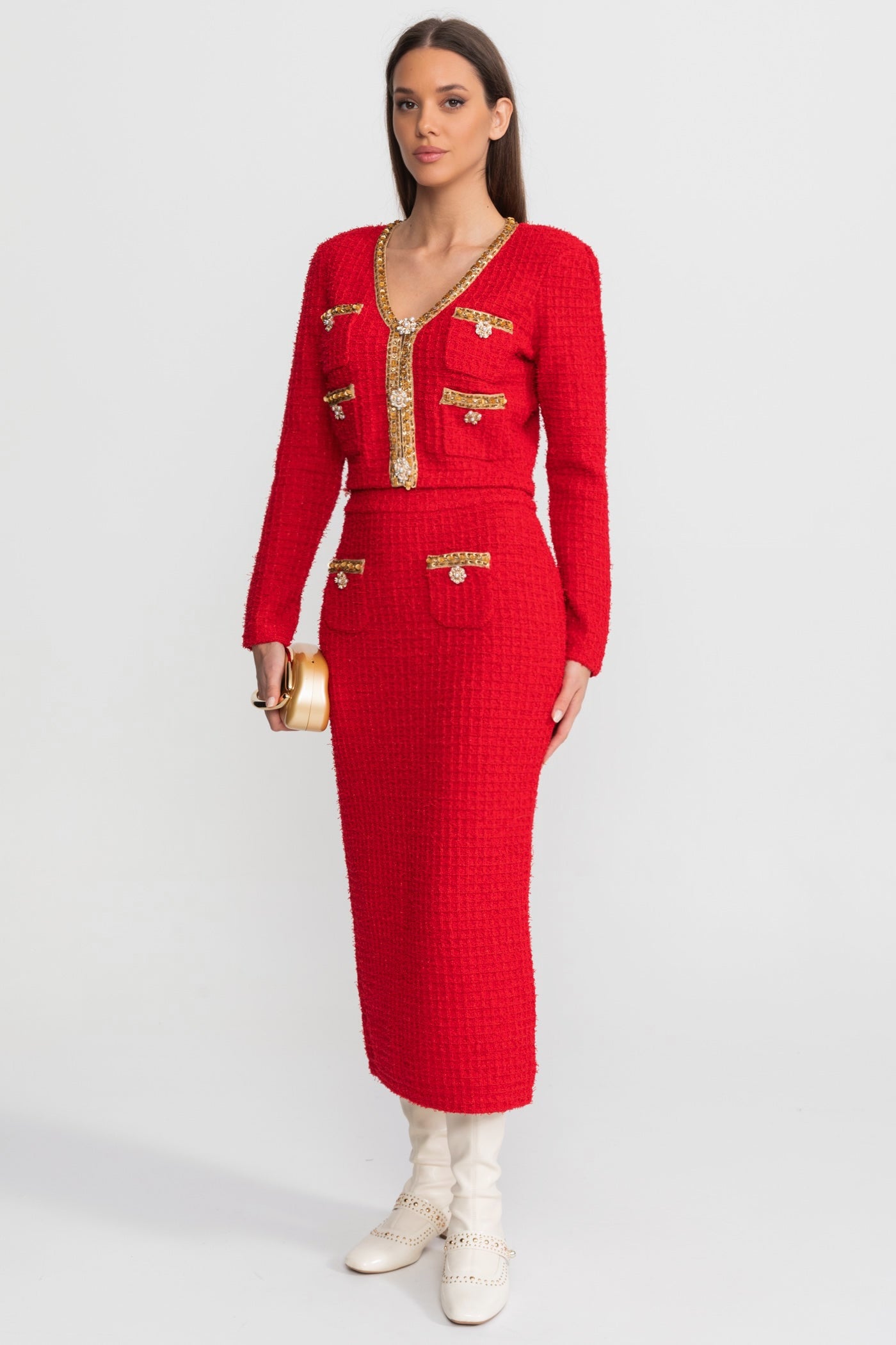 Textured Tweed Co-Ord Set with Gold Trim and Crystal Buttons – Red