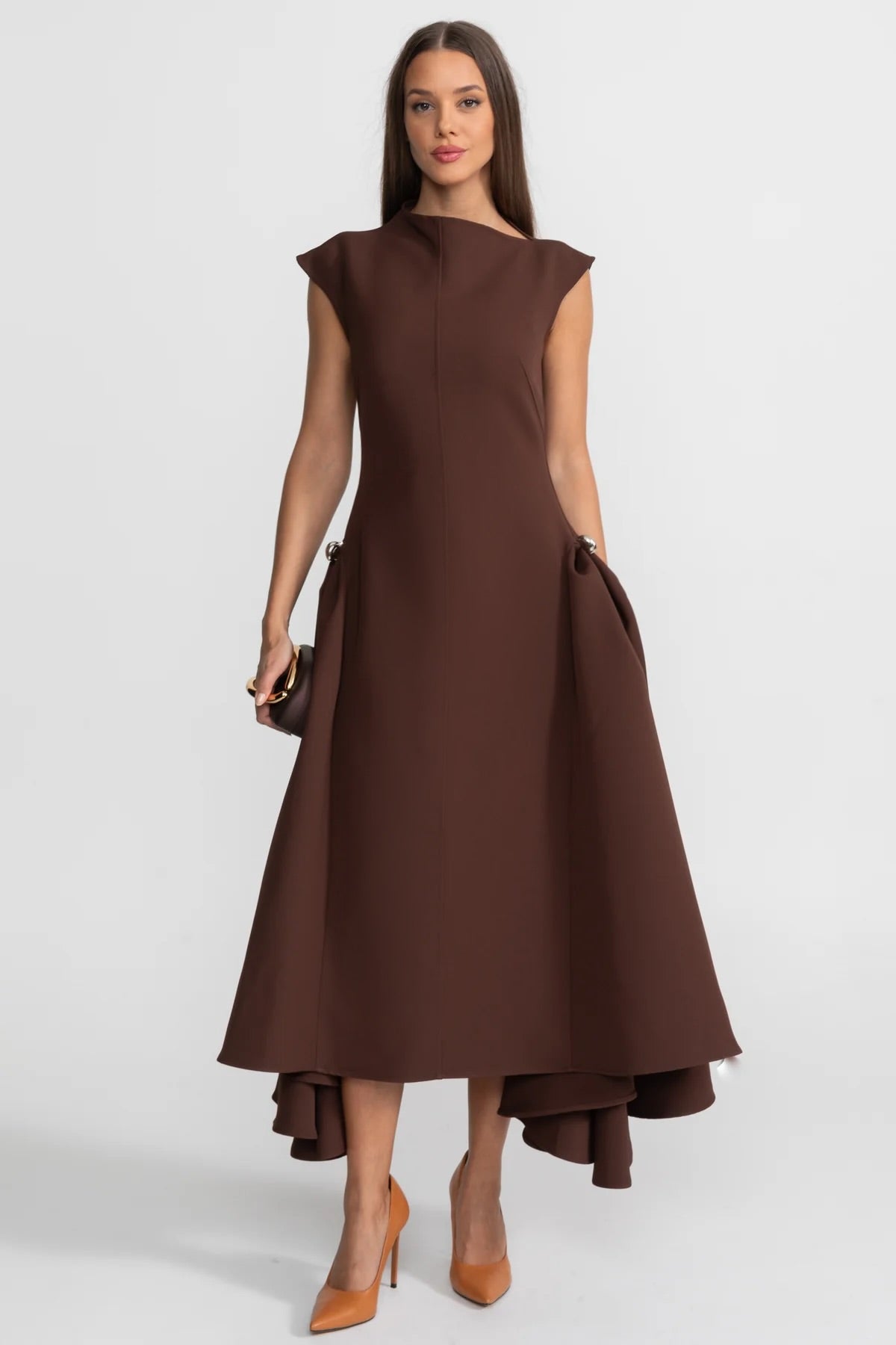 Structured Midi Dress With High Low Hem And Metal Ring Details Brown structured-midi-dress-with-high-low-hem-and-metal-ring-details-brown