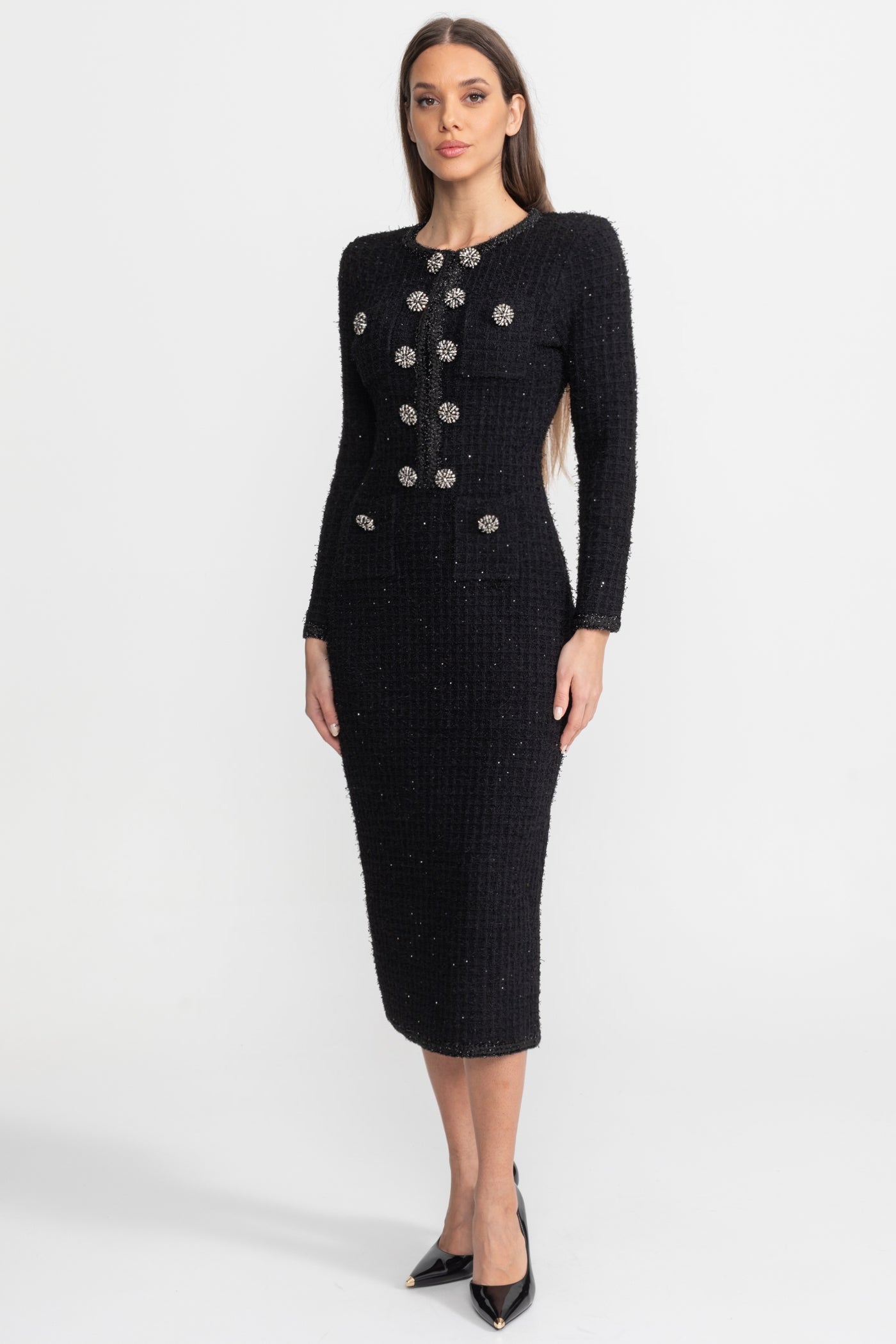 Textured Tweed Midi Dress with Crystal Button Detail – Black
