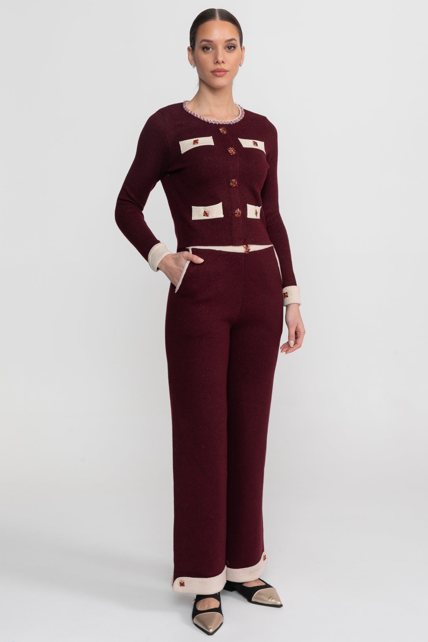 Long Sleeve Knit Co-Ord Set With Contrast Trim And Sparkling Embellishments - Burgundy